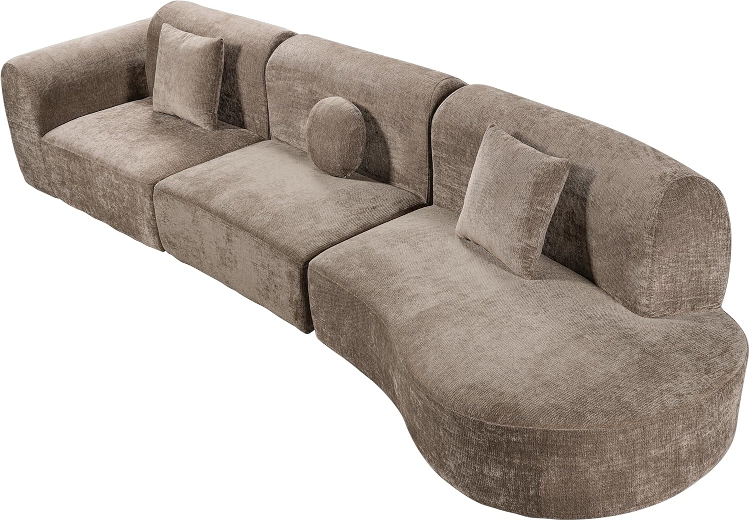 Merax 3-Piece 140" L-Shaped Modular Curved Sectional Sofa Set, 4 Seat Modern Cloud Couch with Chaise Lounge & 3 Pillows, Fully Assembled with High-Density Compressed Sponge & Chaise Lounge, Brown
