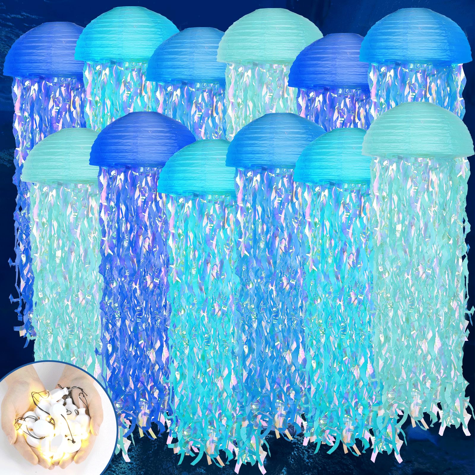 12 Set LED Jelly Fish Paper Lanterns with Lights Blue Hanging Jellyfish Party Decoration Under The Sea Light Up Paper Lantern Lamps for Ocean Mermaid Birthday Baby Shower Baby Room Party Supplies