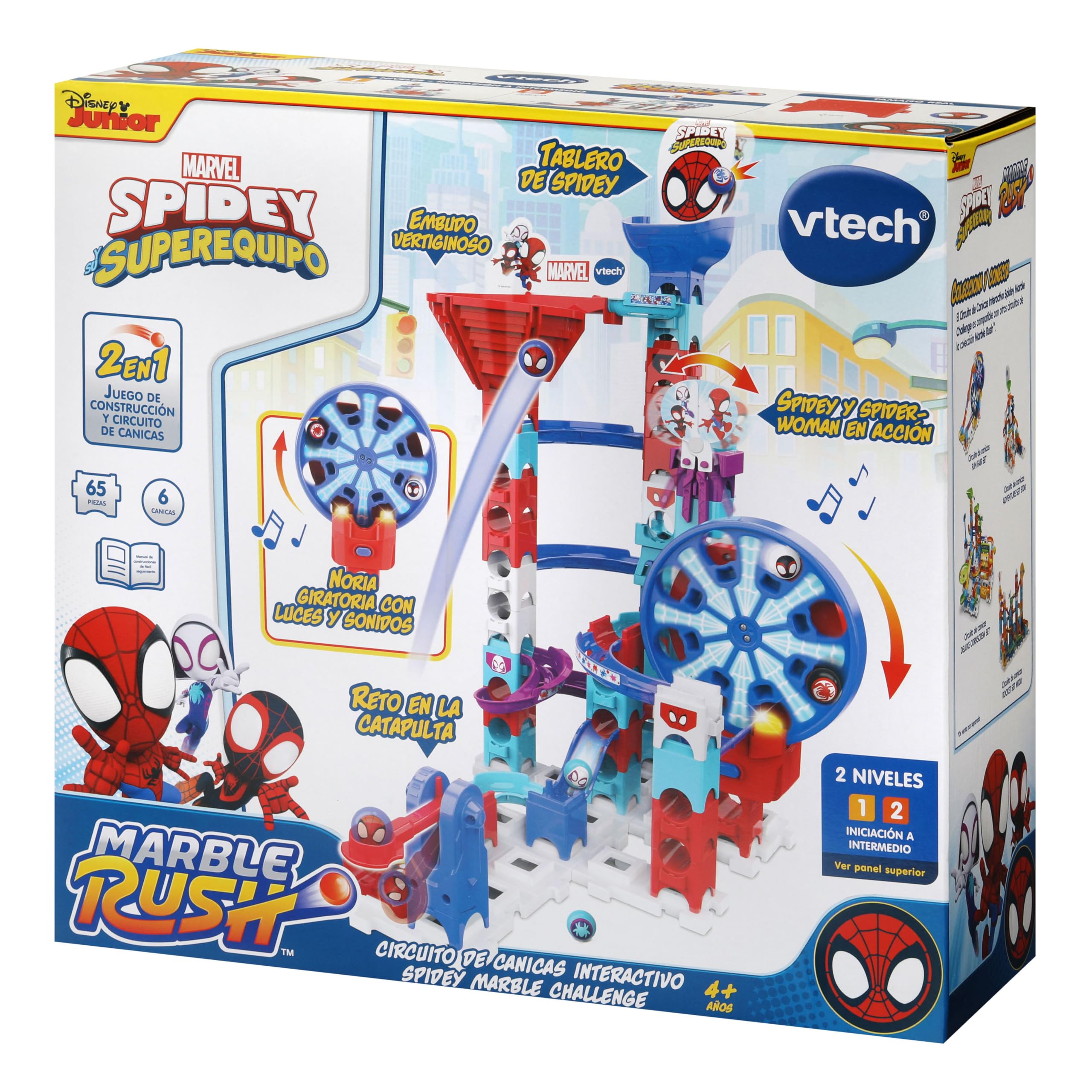 VTech - Marble Rush Spidey Challenge, Circuito de canicas Interactivo y Juguete de construcción, 65 Piezas, 6 canicas Personalizadas, Regalo para niños +4 años, Contenido en Español