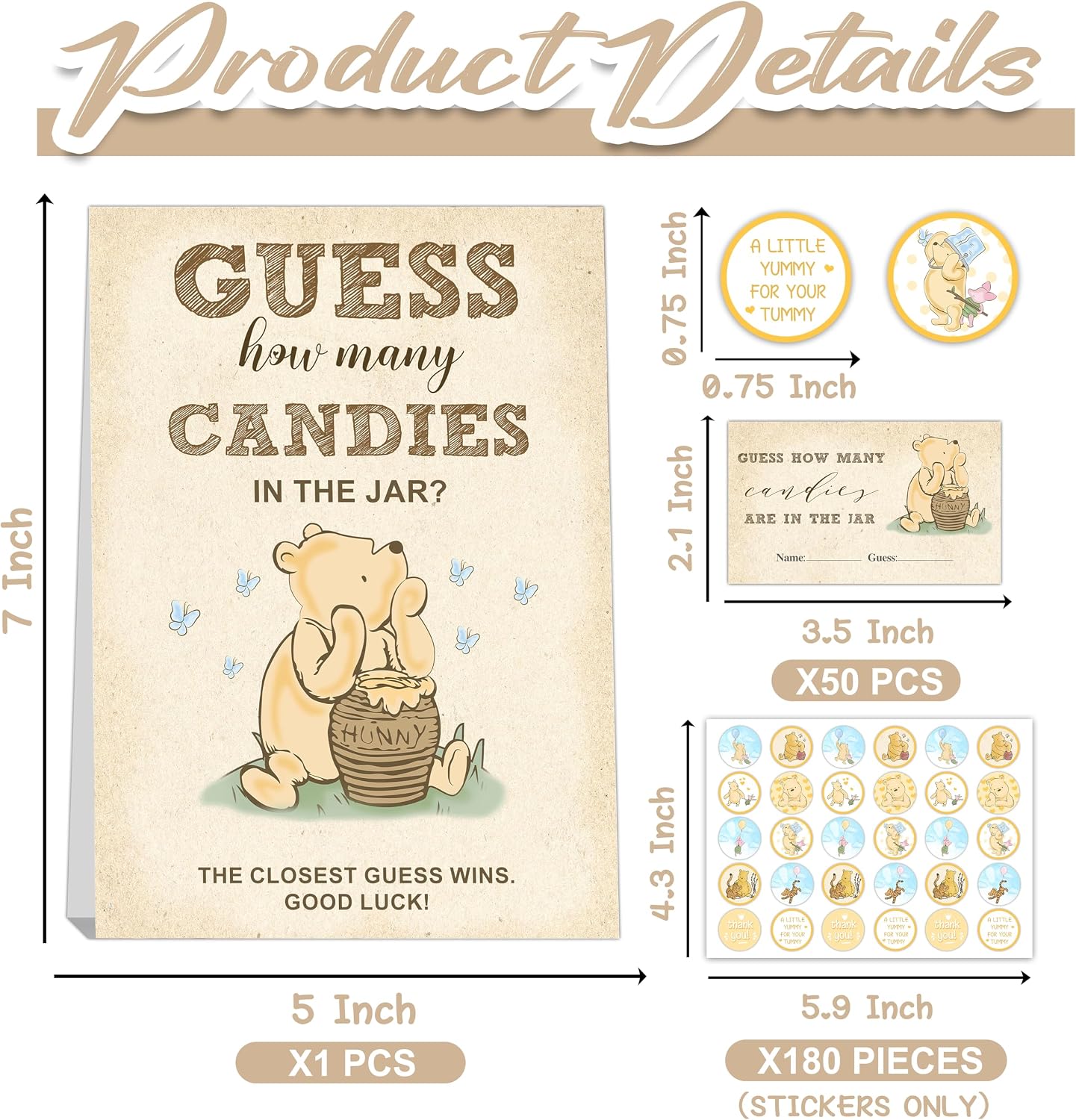 ALodr Winnie Guess How Many Candies Baby Shower Games, Includes ‘Guess How Many Candies’ Standing Sign, 50 Guest Guess Cards & 180 Stickers, Baby Shower Party Decorations Supplies