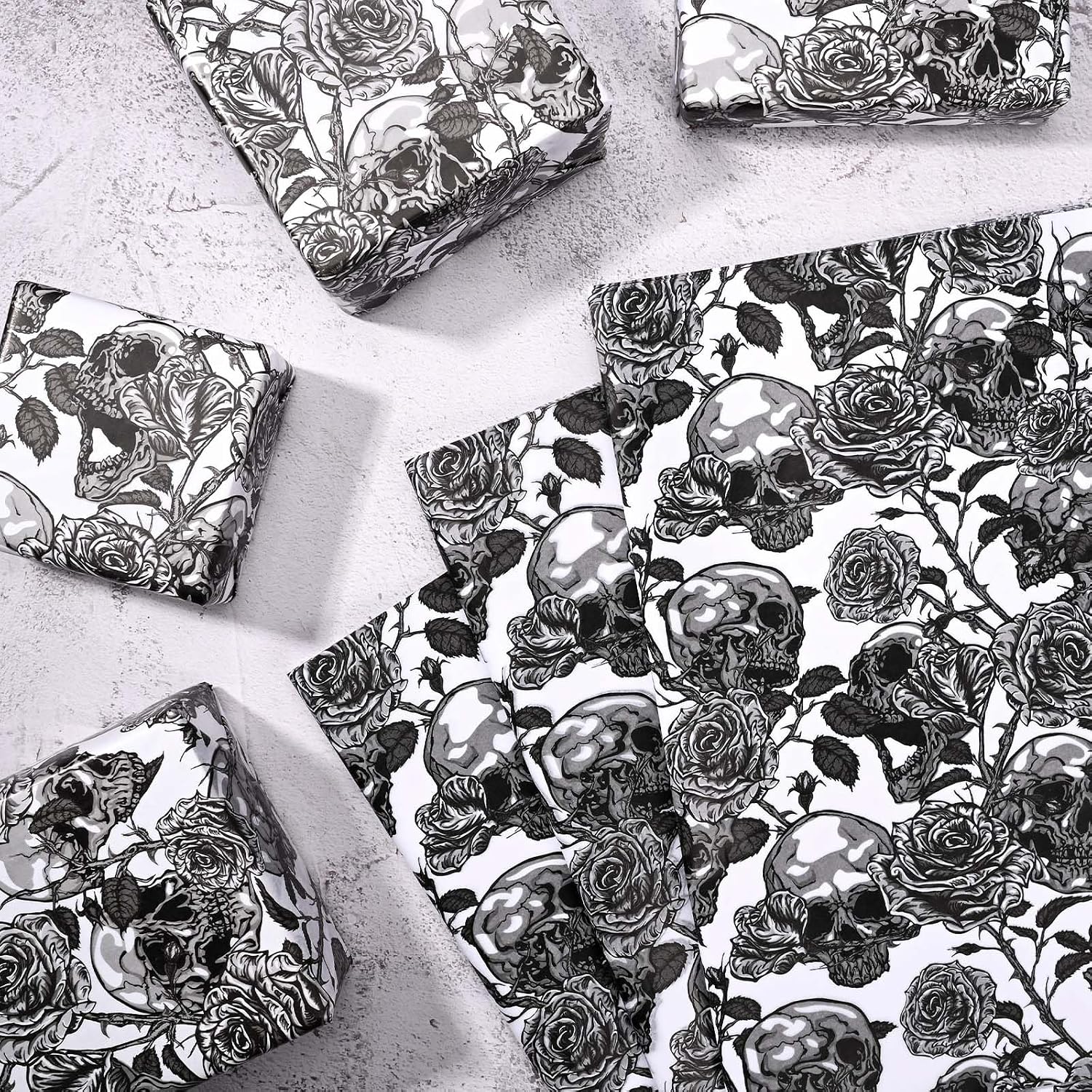 Bolsome 100Pcs 20 * 14 Inches Skull Rose Tissue Paper for Gift Wrapping Black White Gothic Floral Skull Patterned Tissue Paper for Gift Bags for Birthday Party Bachelorette Party DIY Craft