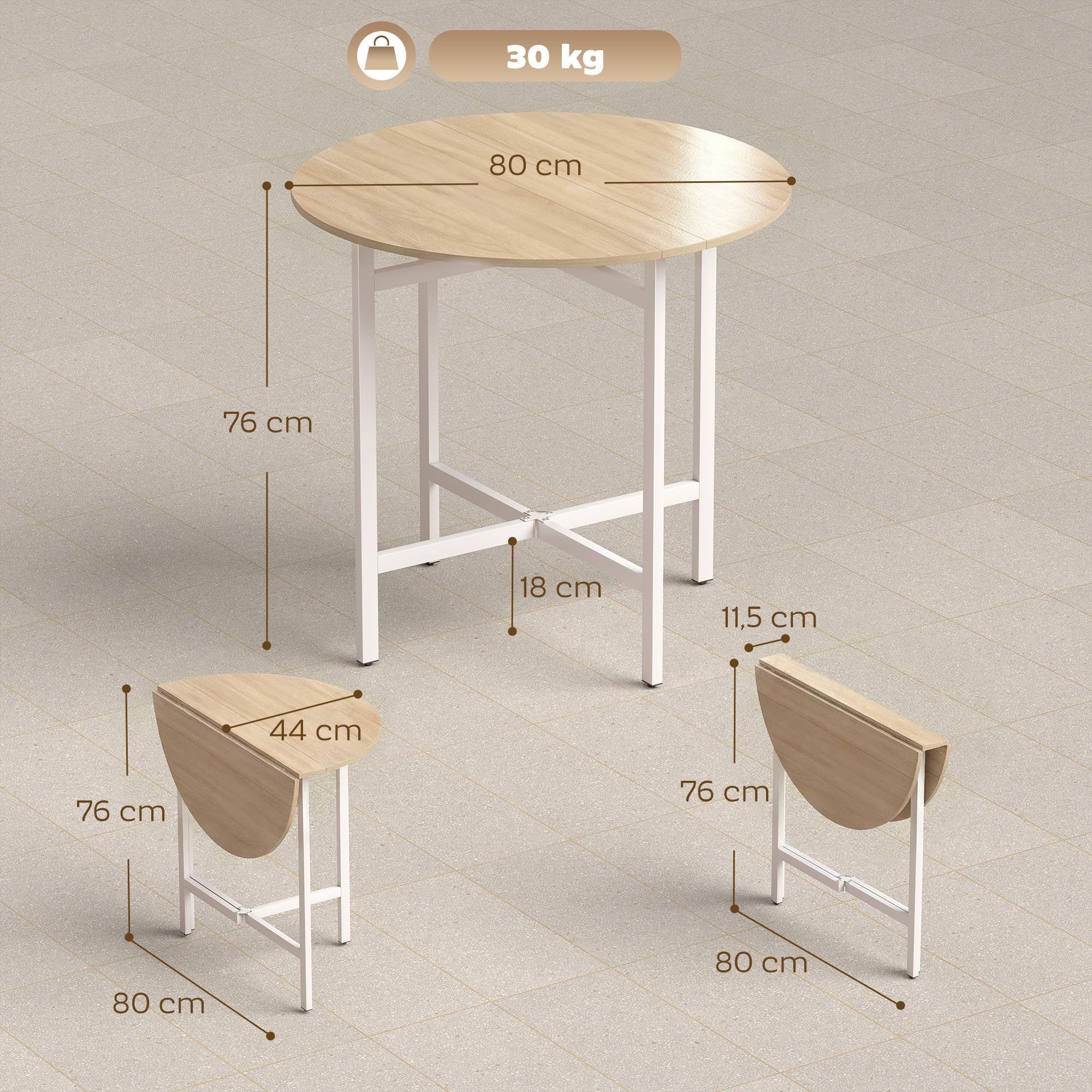 HOMCOM Esstisch Klappbarer Küchentisch für 2-4 Personen, Runder Esszimmertisch mit Stahleinen Klapptisch für Kleine Räume, Esszimmer, Küche, 80 x 80 x 76 cm, Naturholz
