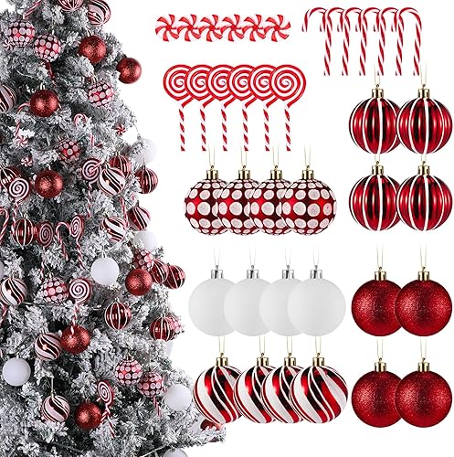 Liliful 66 adornos clásicos de bolas de Navidad rojas y blancas, decoración y bastones de caramelo, decoración de árbol de Navidad para colgar en el