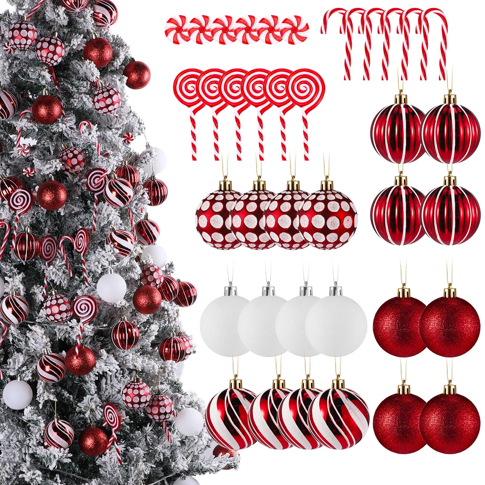 Liliful 66 Pcs Classic Red and White Christmas Ball Ornaments Decor and Candy Canes Christmas Tree Decorations for Christmas Tree Hanging Decor Candy Lollipop Craft Christmas Party Supplies