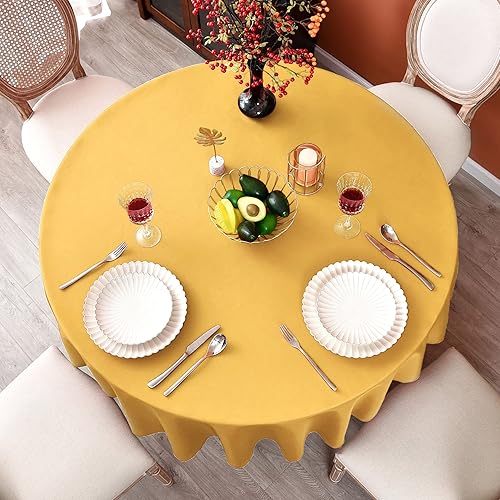 Miniatura 7 de MEANMOY Mantel redondo dorado de 210 GSM resistente al agua y a las manchas para mesa circular, mantel sólido de 48 pulgadas, tela de poliéster