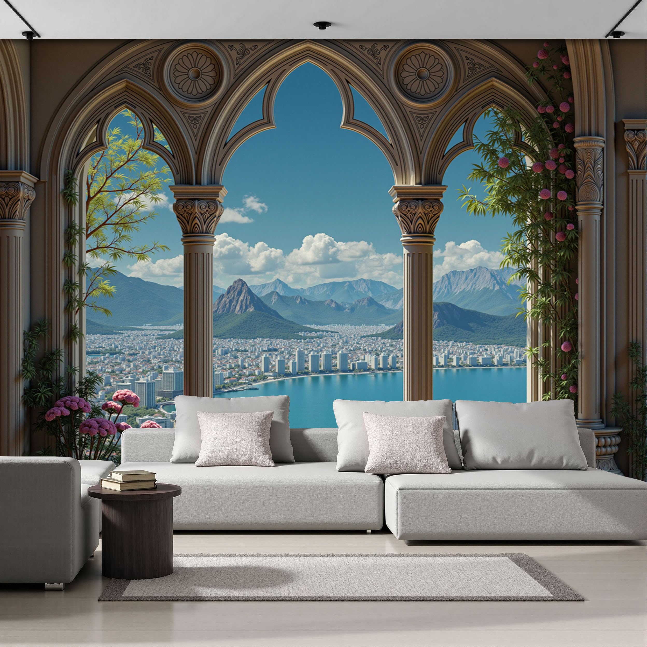 Papier peint soie paysage urbain bleu panoramique 400x280 cm pour decor de salon ou chambre
