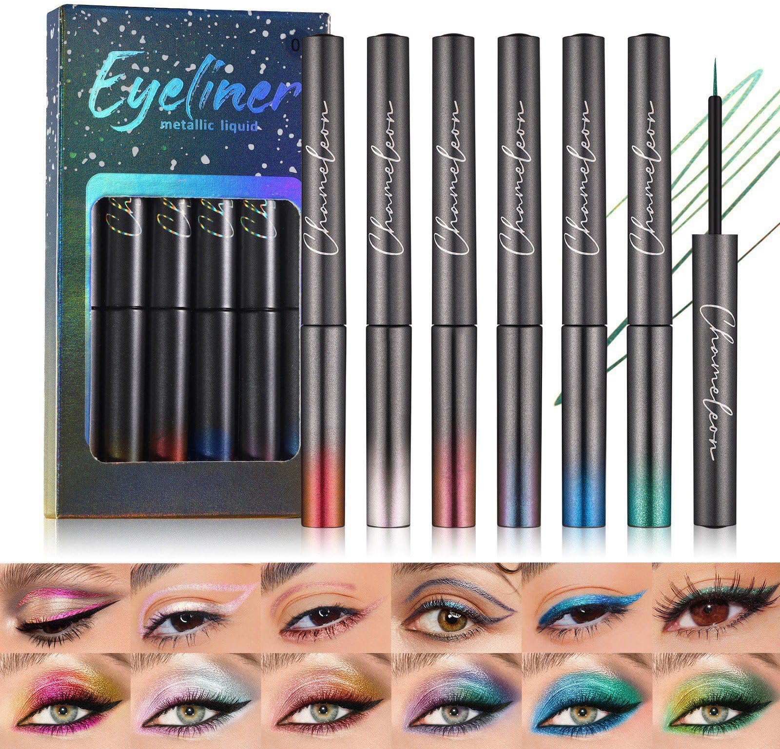 6pcs Multichrome Liquid Eyeliner, Metallic Glitter Shimmer Eye Liner, Long Lasting, Waterproof Colorful Eyeliner