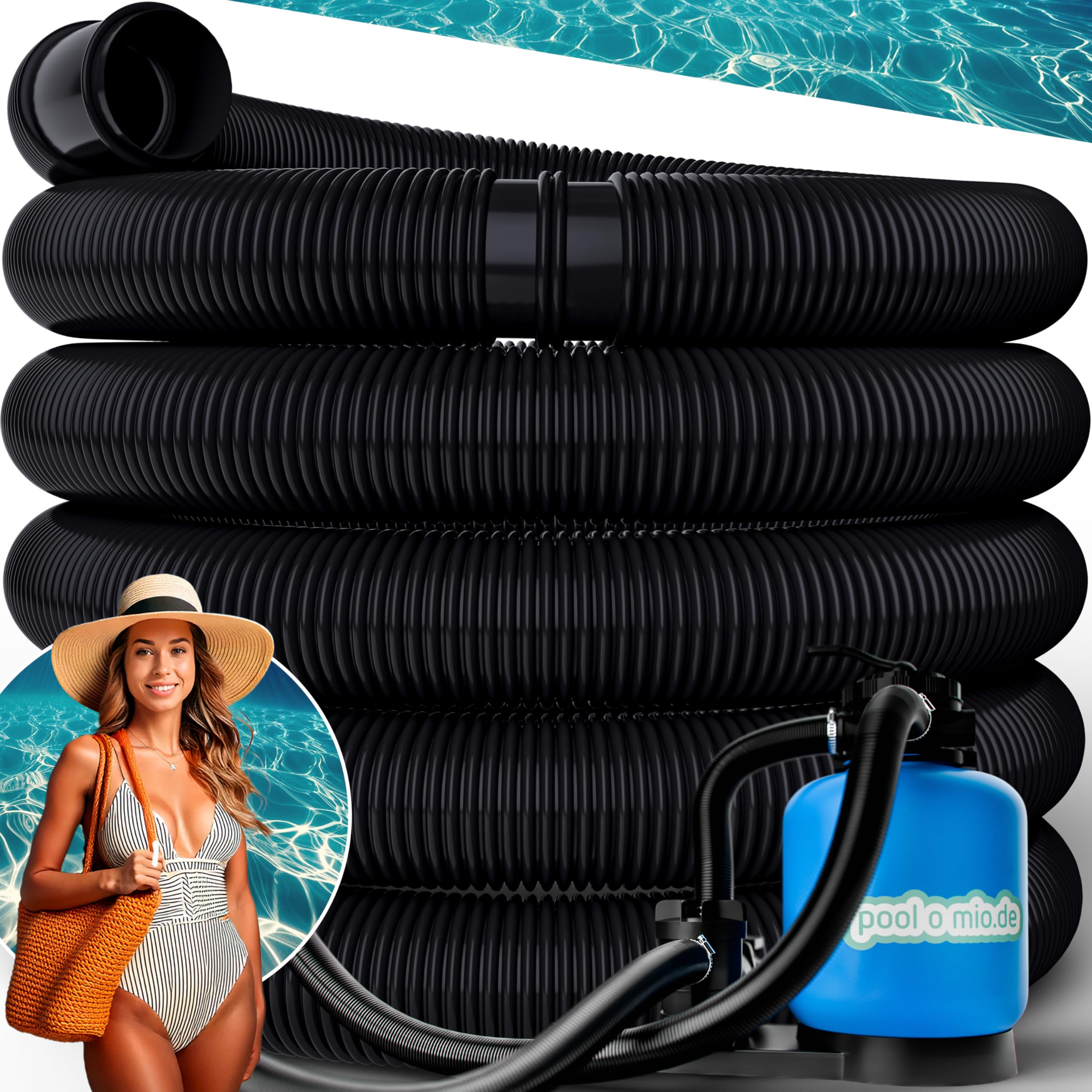 Poolomio Tuyau De Piscine 38 Mm / 15 M Noir | Tuyau Solaire 1 1/2" Flexible Pour Pompe & Chauffage De Piscine Et Couverture Solaire | Résistant à La Pression, Anti-UV
