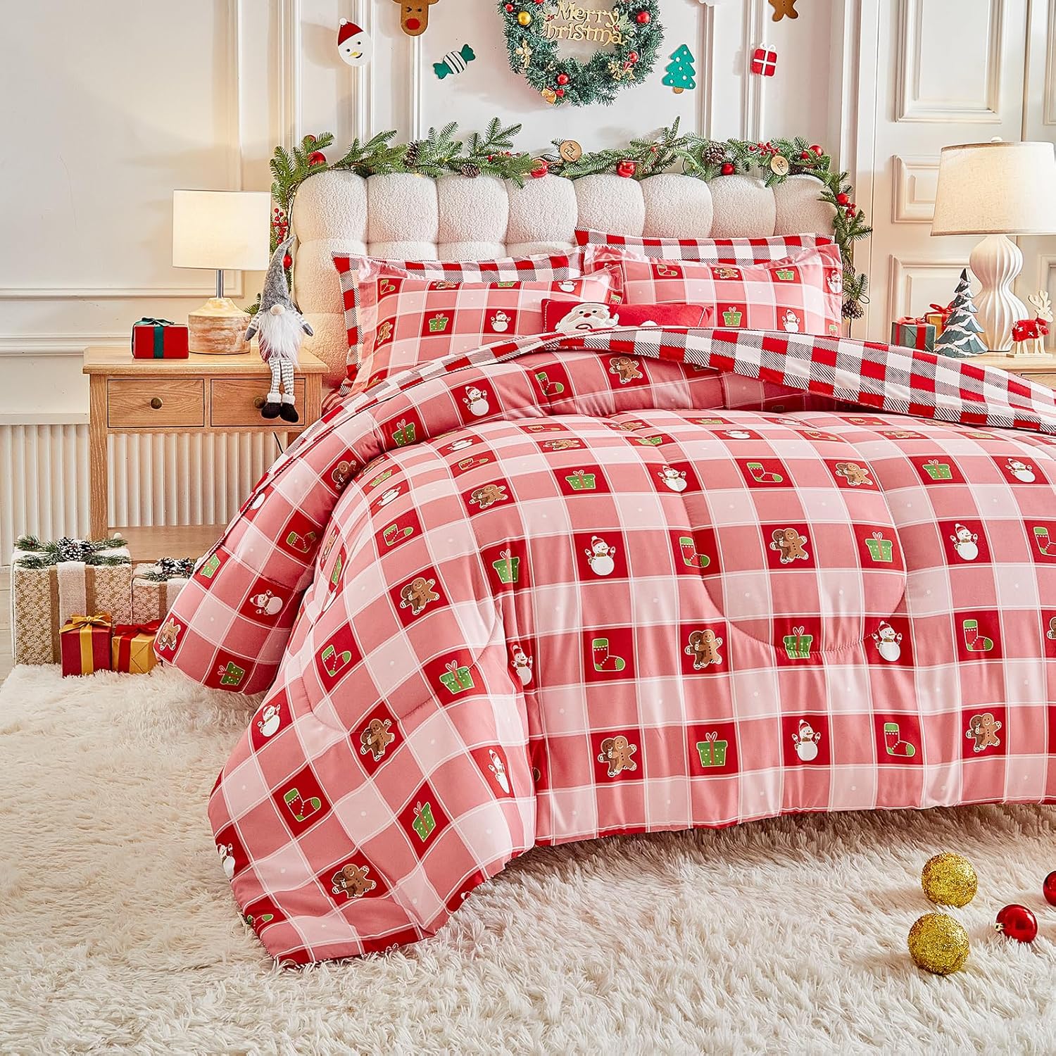 Christmas Queen Comforter Sheet Set 7 Pieces Bed in a Bag Holiday New Year Style - Red White Plaid with Snowman Socks Green Box - Red Gingham Bedding Set with Comforter, Sheets, Pillowcases & Shams