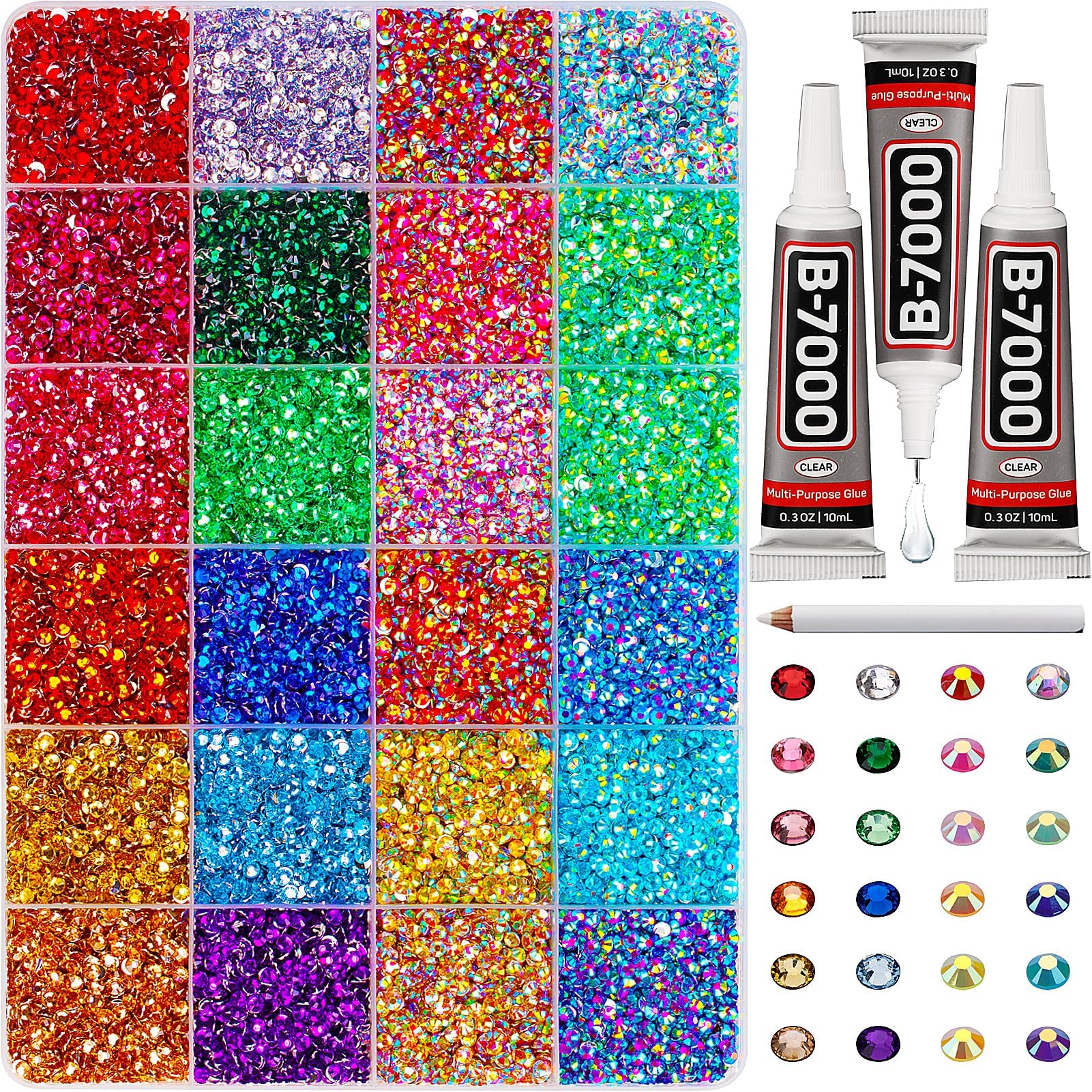 33000Pcs Rhinestones for Bedazzling, 3mm Bedazzler Kit with Flatback Rhinestones for Clothes Crafting Crafts Nails Clothing, Flat Back Resin Rainbow Colorful Colored Crystal with B 7000 Glue Clear
