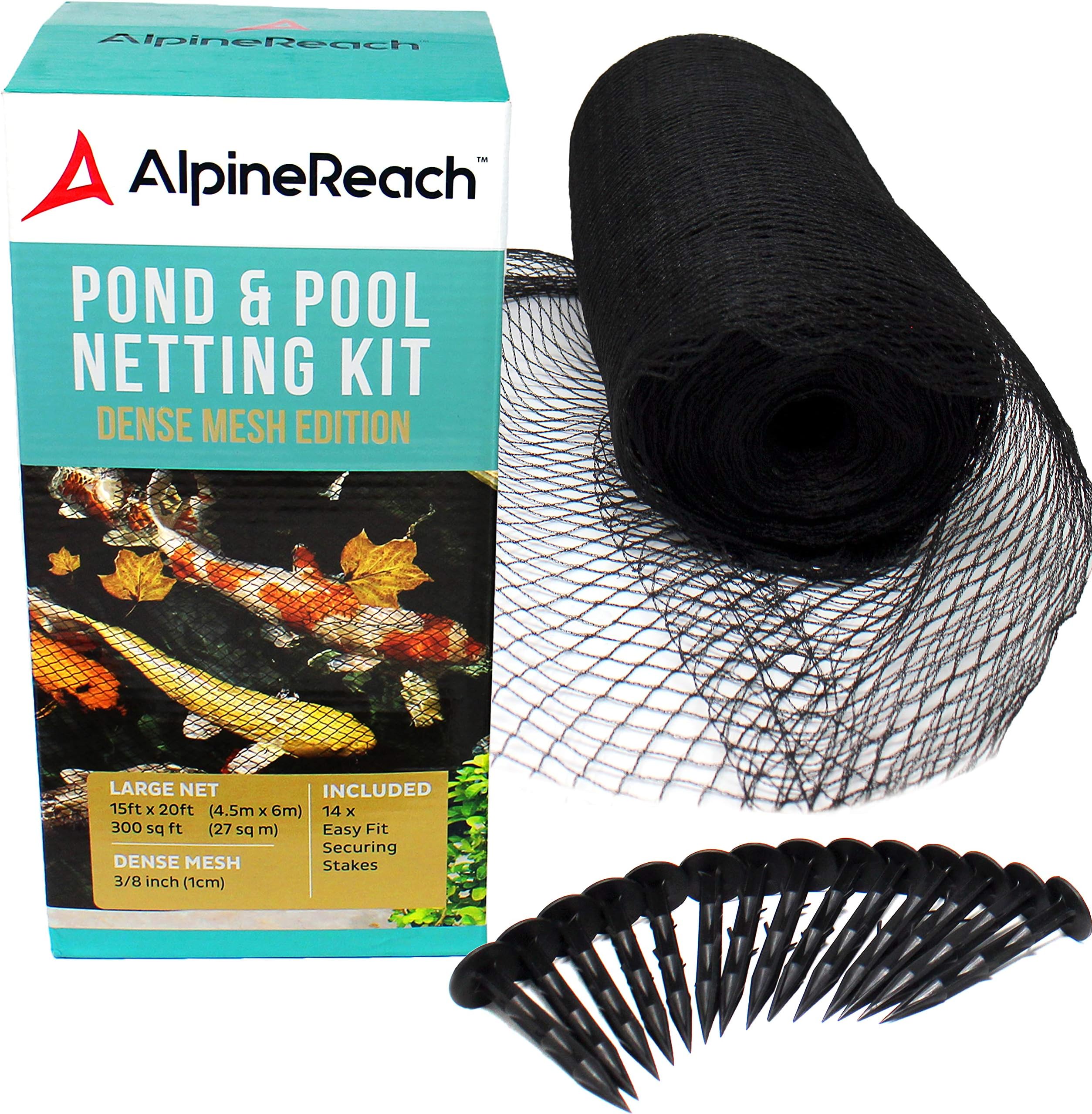 AlpineReach Koi Pond Netting Kit 4.5m x 6m Black Heavy Duty Woven Fine Mesh Net Cover for Leaves - Protects Koi Fish from Blue Heron Birds Cats Predators UV Protection - Reusable & Stakes Included