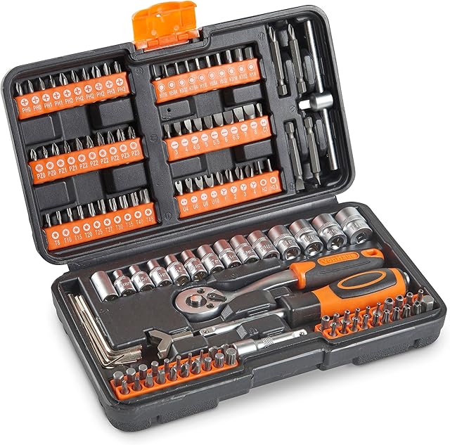 VonHaus Socket Set  Socket Set Comprising: Extension Bar, Coupler, Ratchet and Socket Wrench - Wrench Set and Screwdriver Bit Sets with Carry Case - 130-Piece Ratchet Set with Screwdriver Bits