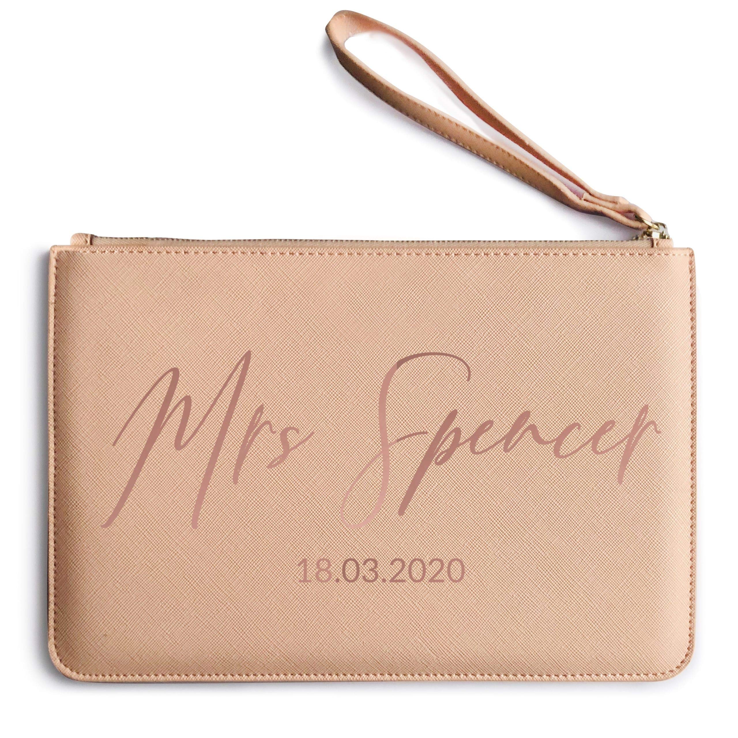 Personalised Mrs Clutch Bag Bride to Be - Wedding Gifts with Custom Date - Make Up Bag Accessories, Soft Pink