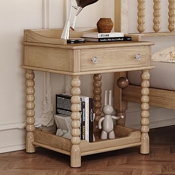 Natural Wood Nightstand with Drawer and Open Shelf, Bedside Table with Spindle Turned Legs and Metal Handle, Retro Style Night Stand for Bedroom Living Room, Easy Assembly