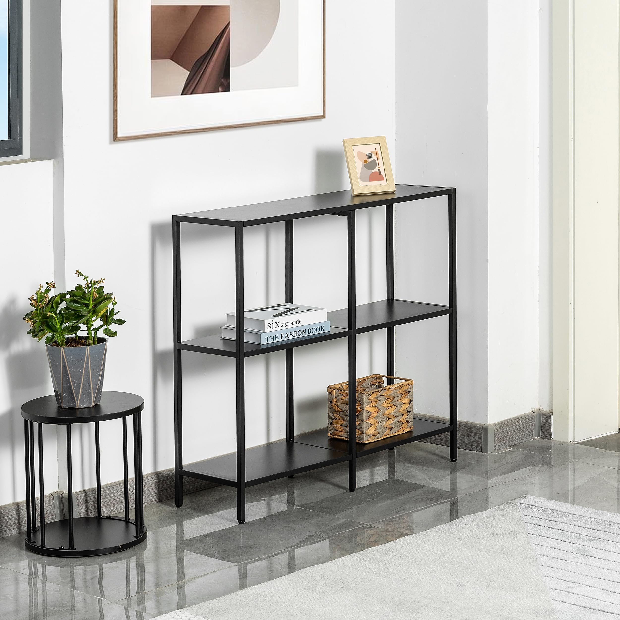 HDANI 80cm Tavolo Consolle in Metallo con 3 Ripiani di Stoccaggio,Piccolo Tavolo da Divano, Tavolo Consolle Stretto,Stile Moderno,Adatto per ingresso Tavolo Soggiorno,Camera da Letto, Nero