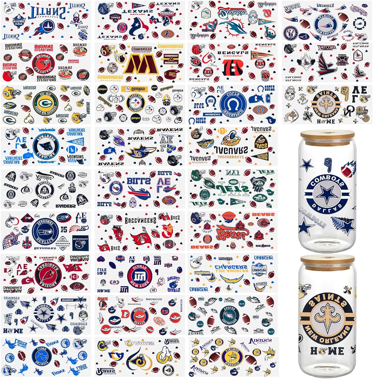 32SheetsUV DTF Cup Wraps for 16oz, Rugby Football Gameday Waterproof UV DTF Tumbler Wrap for Glass Water Bottle, Rub on Transfer Stickers Decals for DIY Coffee Cup (sports1)