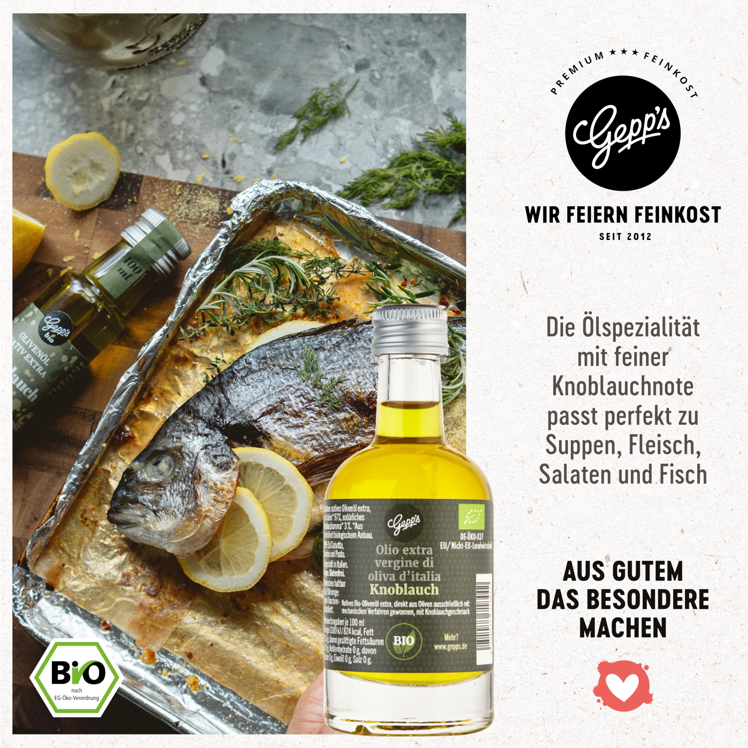 Gepp‘s Feinkost Öl Geschenkbox „Öl-Clutch“ I Gewürzöl Set mit 5 erlesenen BIO-Ölen I Olivenöl Basilikum, Chili, Knoblauch, Orange & Zitrone I Geschenkidee für Männer & Frauen