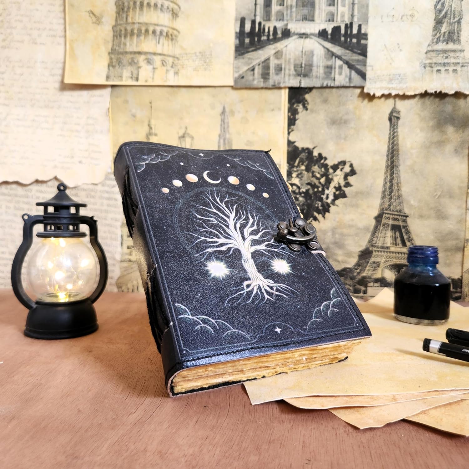 Finun-Lthr Tree Leather Journal Dairy Notebook with 200 deckle edge Papers and Lock Sketchbook (8 * 6 Inch)