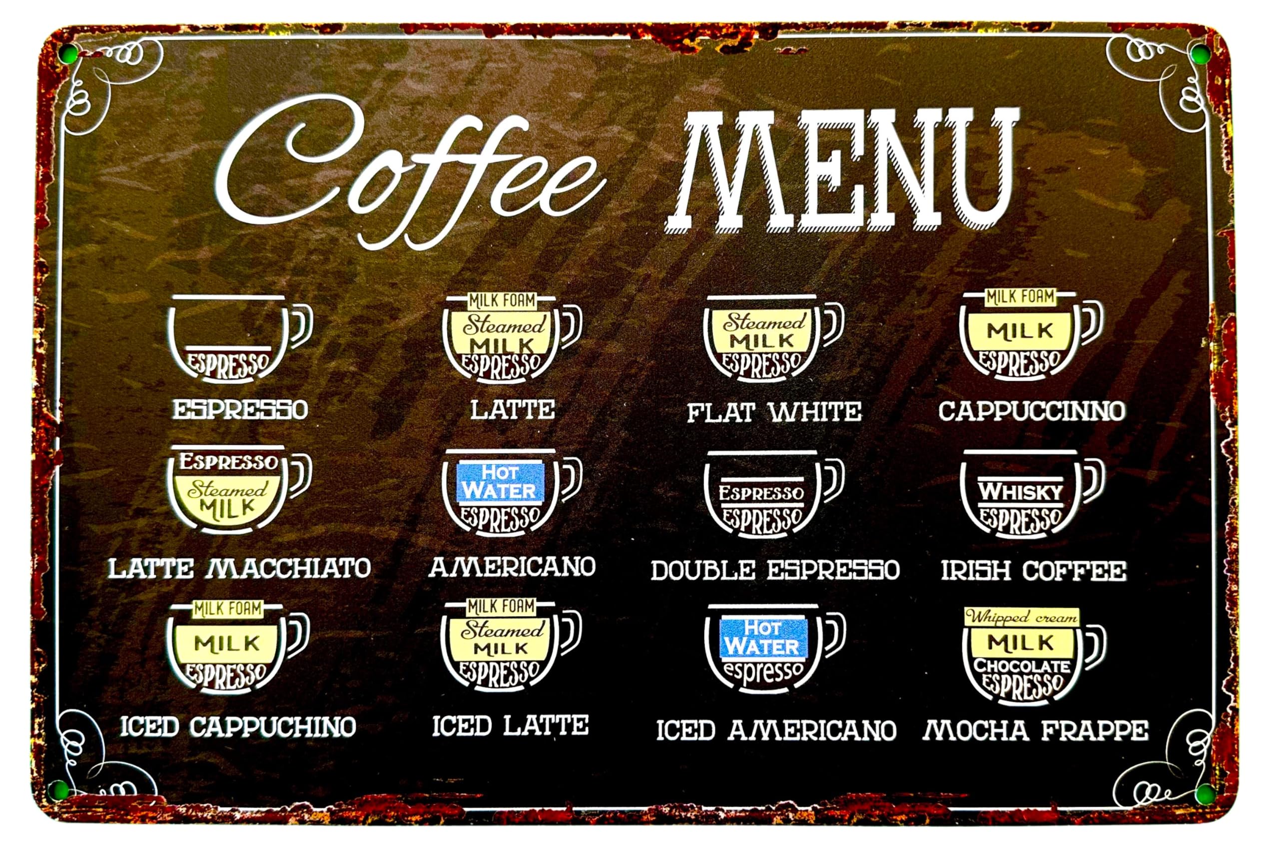 Diilihiiri Coffee Menu Poster Poster Vintage Café Menu – Vintage Sign 30 X 20 Cm – Vintage Café Menu | Gift For Coffee Fans | Decoration Sign Cafeteria | Decorative Plate (2635-287)