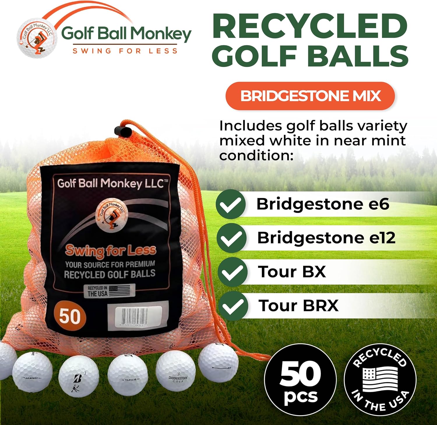 Golf Ball Monkey Cheap Recycled for Bridgestone Golf Balls White Mix - Used Golf Balls for Bridgestone e12 Golf Balls, e6 Golf Balls, Tour BX and BRX & More w/Mesh Bag