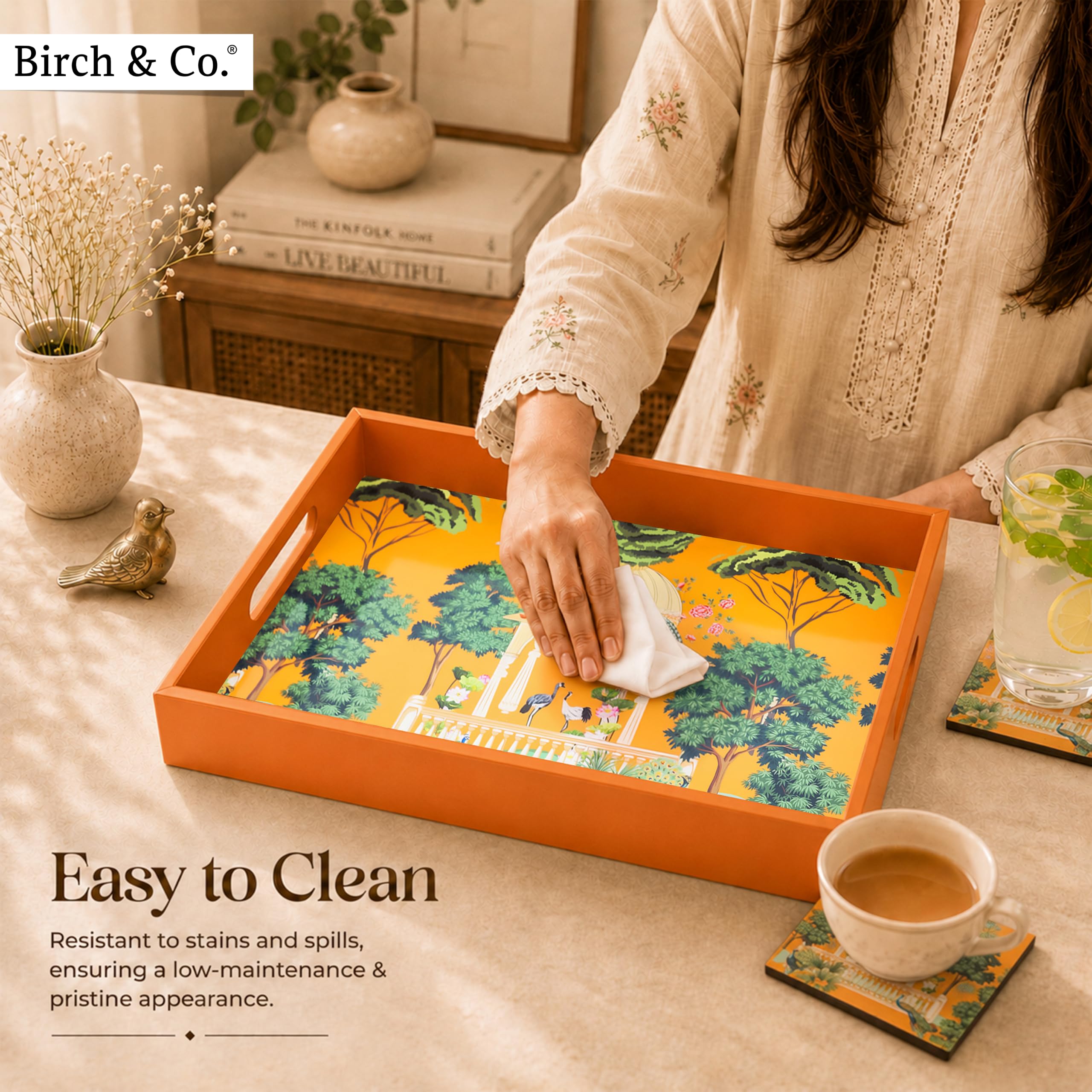 Birch & Co. Bandeja de madera para servir sin 4 posavasos, 10 x 15 pulgadas, bandeja para servir, juego de bandejas para decoración, bandejas de té, bandeja de café grande, bandejas de madera MDF de