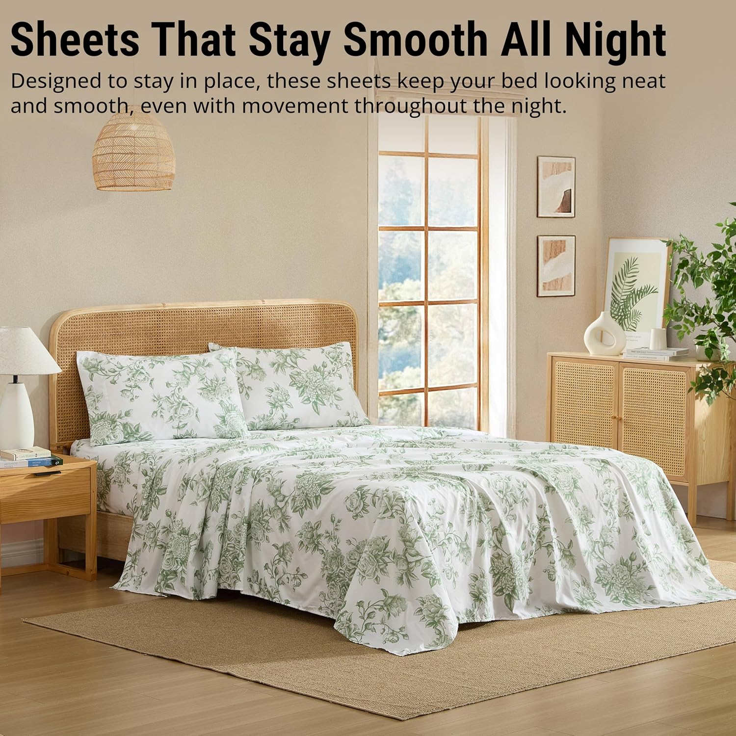 HLC.ME Rose Toile Floral Bed Sheets - 4 Piece Bed Sheet Set - Wrinkle Resistant & Ultra Soft - Fits Mattresses up to 15 Inches Deep (King, Sage Green)