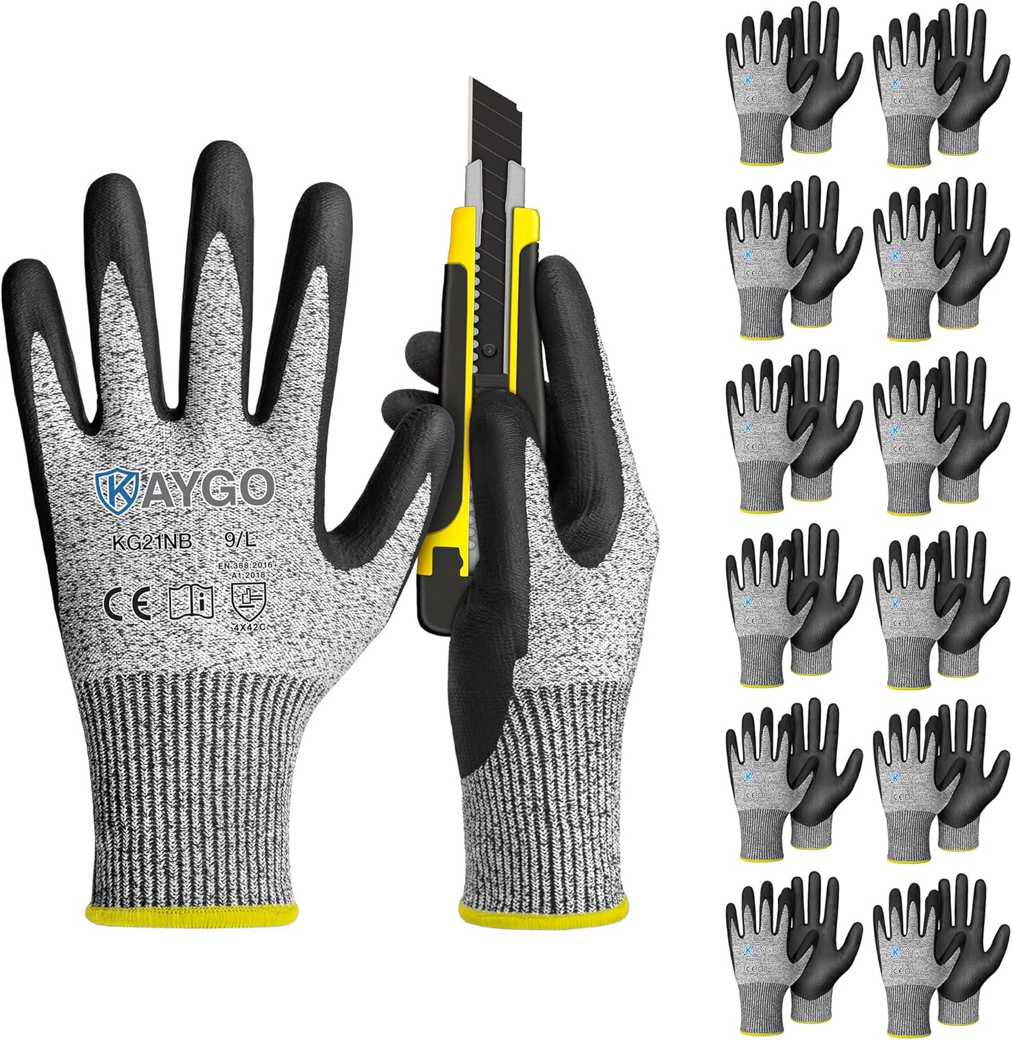 KAYGO 12 Pairs Cut Resistant Work Gloves for Men and Women,ANSI A3 Cutting Gloves,Nitrile Micro-Foam Safety Work Gloves KG21NB,Ideal for Wood Carving,Glass Handling, Construction,Fishing,Grey,L