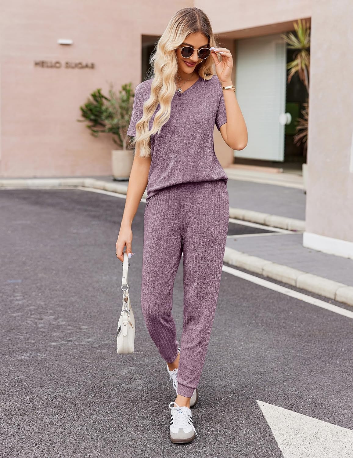 Ekouaer Pajamas for Women Set 2 Piece Rib Knit Lounge Set Joggers Loungewear Short Sleeve Pjs with Pockets - Image 4