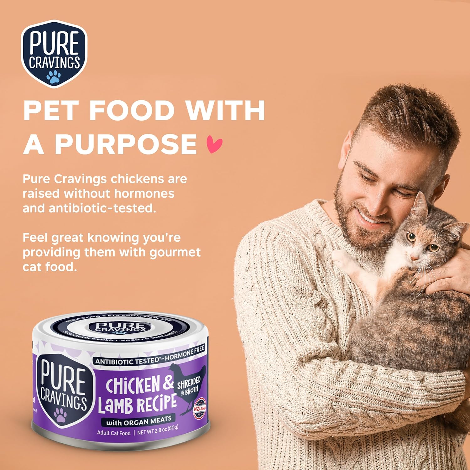 Pure Cravings Chicken and Lamb Recipe in Broth, Shredded Wet Cat Food, Grain-Free Protein, Non-GMO, 12 Pack