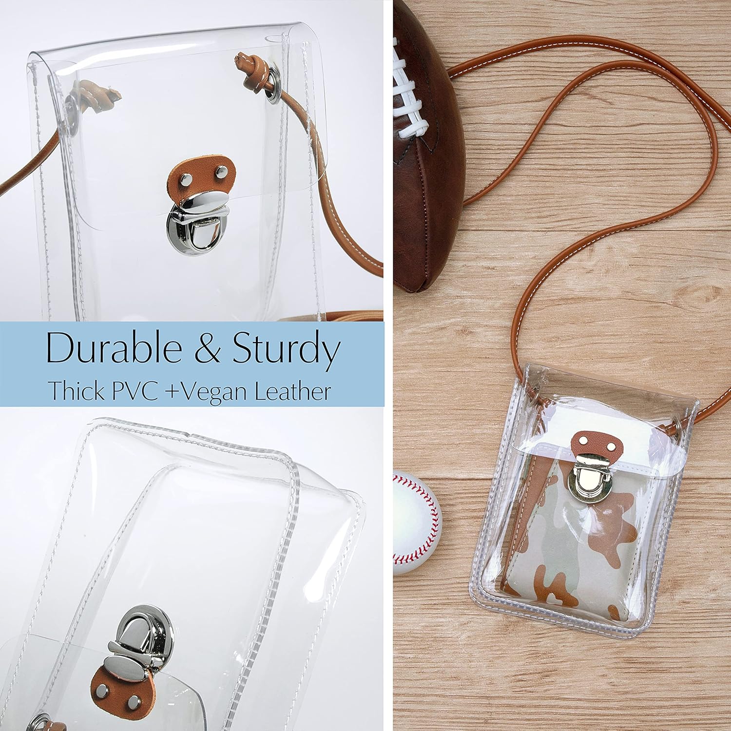 HOXIS Clear PVC Small Crossbody Bag for Stadium Approved Womens Purse Transparent Shoulder Bag Cell Phone Pouch (Brown) - Image 4