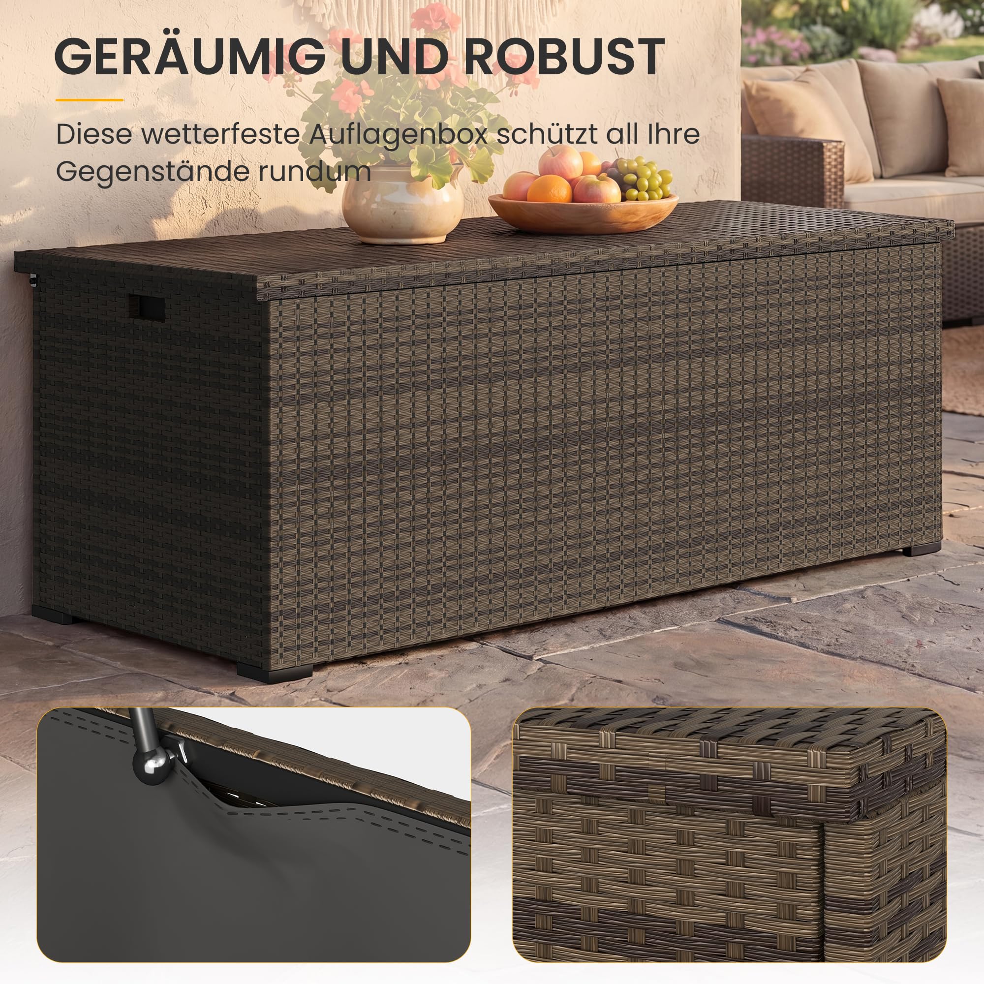 UDPATIO Gartenbox Wasserdicht 870L, Aufbewahrungsbox Garten XXXL, Auflagenbox Wetterfest, Kissenbox Outdoor mit Deckel, Gasdruckfedern | Braun