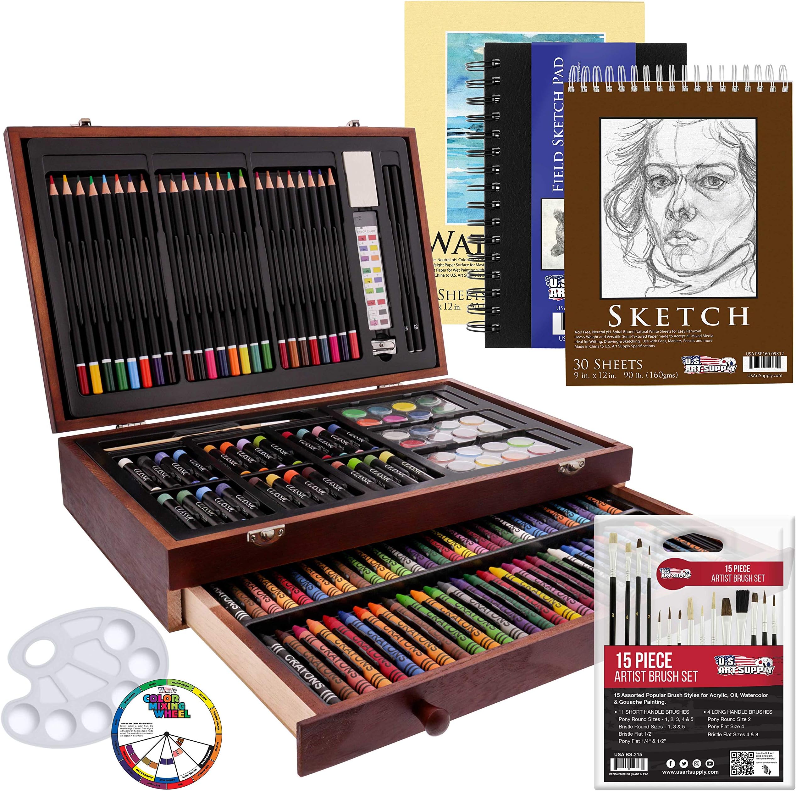 162-Piece Mega Wood Box Artist Kit with Painting, Drawing & Art Supplies for Adults - 24 Each (Watercolors, Oil Pastels, Pencils), 60 Crayons & 2 Brushes - Art Kit for Adults, Gift Set