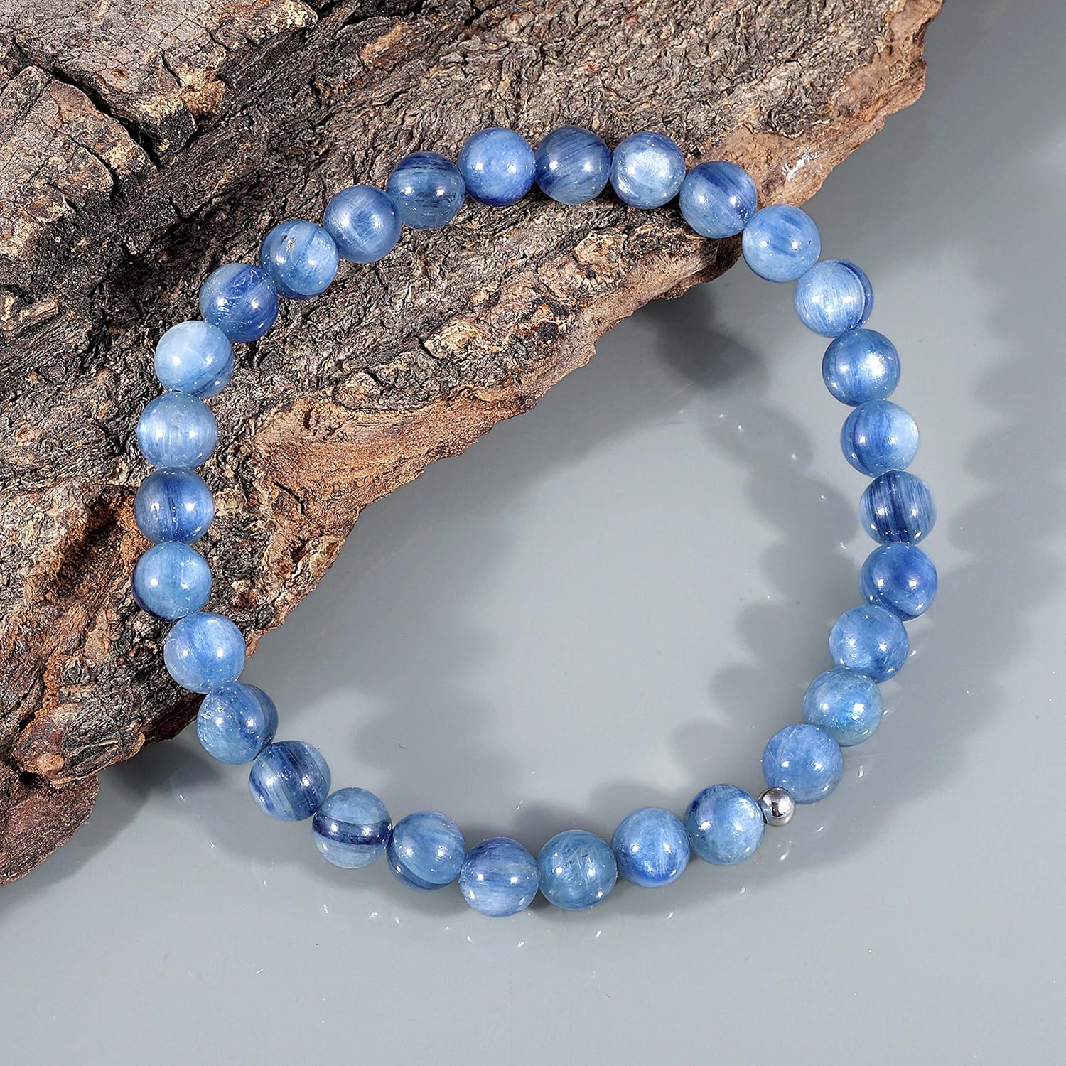 NirvanaIN Natural Kyanite Unisex Bracelet, Handmade Plain Round Gemstone 6mm Beaded Stretch Bracelets Jewelry for Men Women