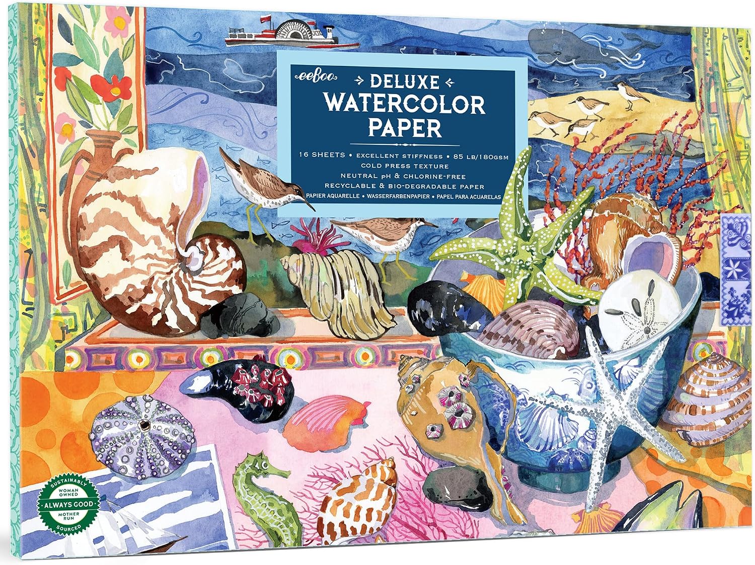 eeBoo: Seashells Deluxe Watercolor Pad – 16 Sheets, 180GSM/85LB Paper, Natural pH & Chlorine-Free, Painting Art Supplies, Kids Ages 3+