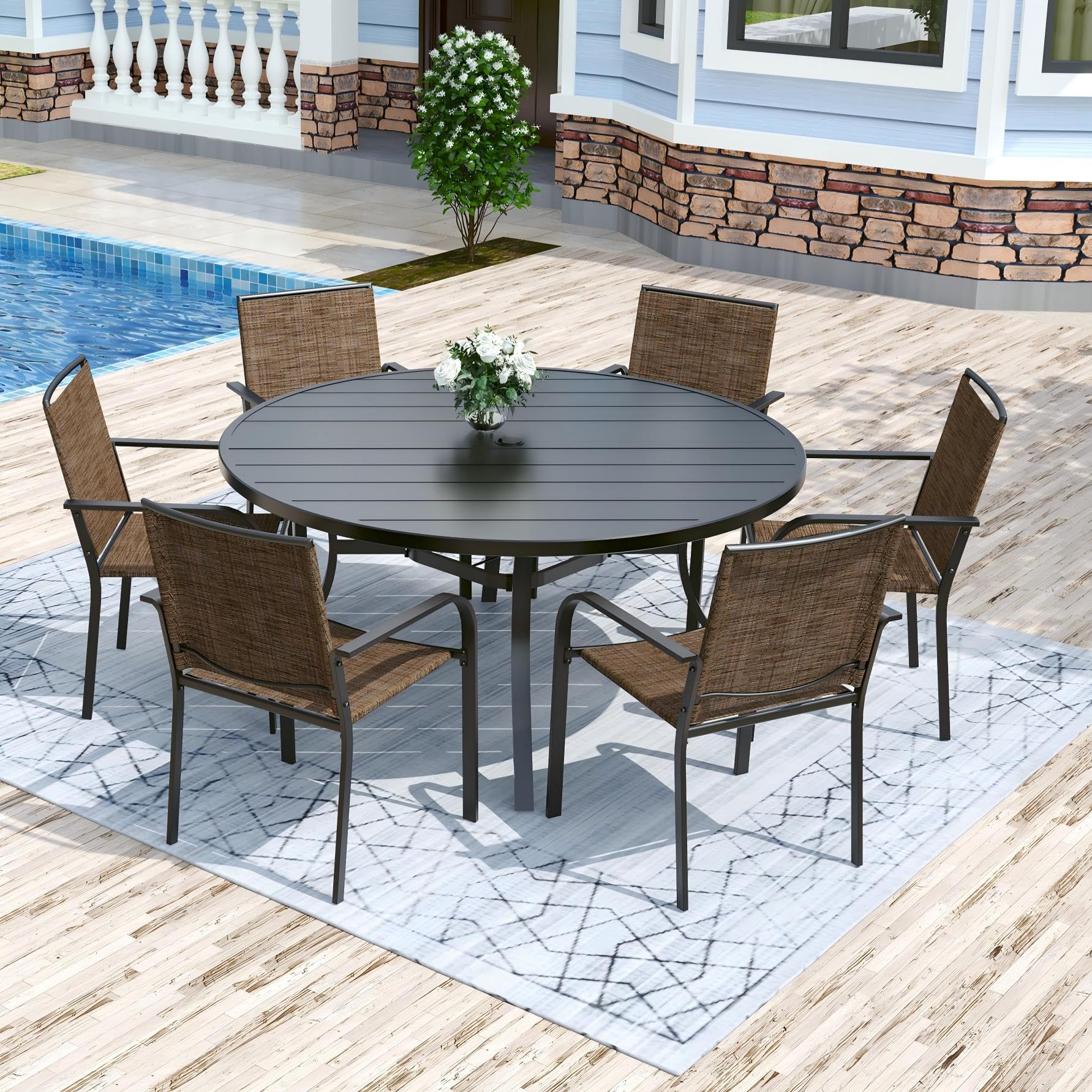 Anmutig 7 Piece Patio Dining Set 54 Inch Round Table Stackable Chairs Brown