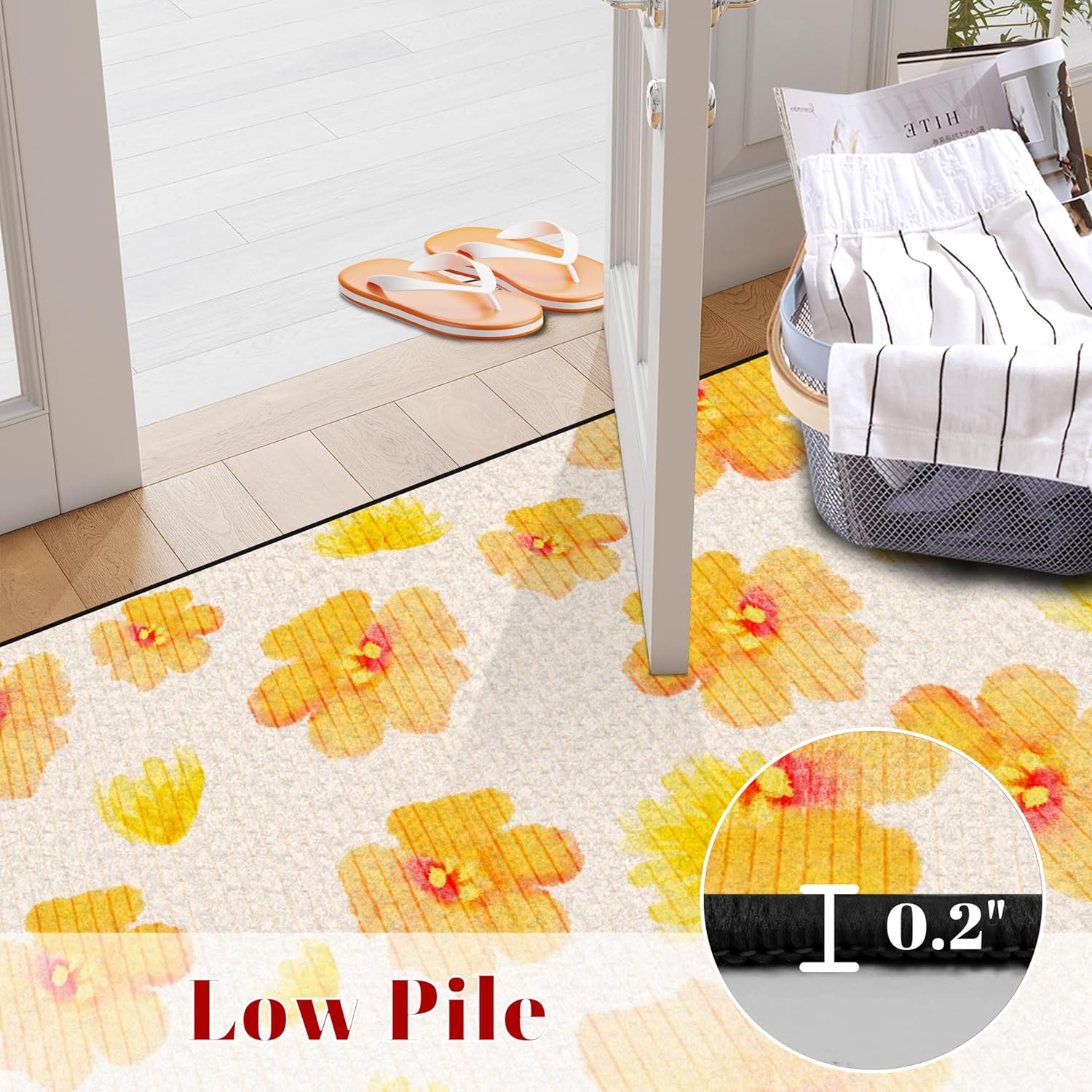 2x3 Yellow Floral Rug Spring Flower Area Rugs Washable for Indoor Entryway Bedroom Small Boho Throw Rugs Non Slip for Women 24x36in Carpet