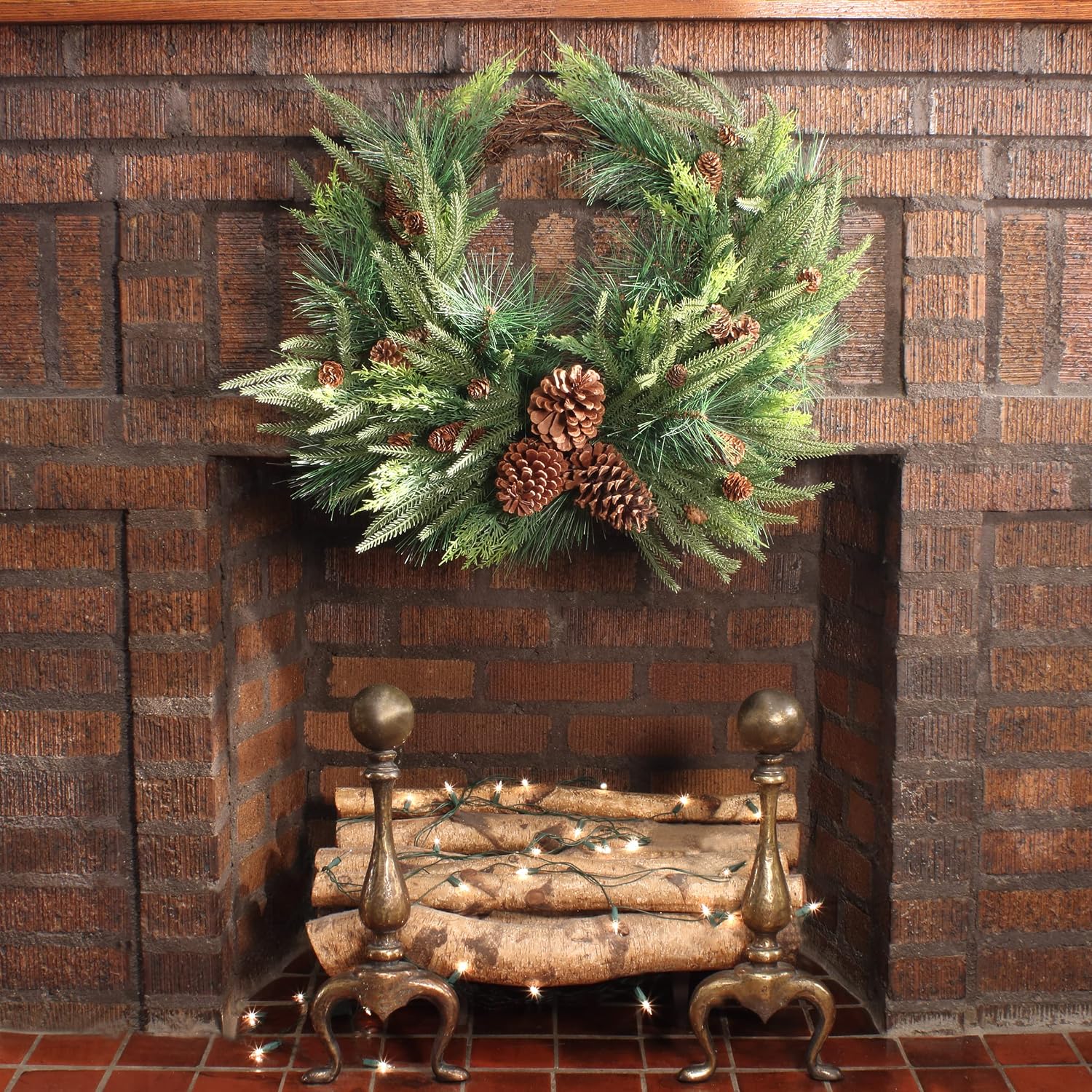 National Tree Company Artificial Mixed Bristle Branch Pine Christmas Wreath, Decorated with Woven Branch Base, Light Green Cypress Tips and Pinecones, 26 in