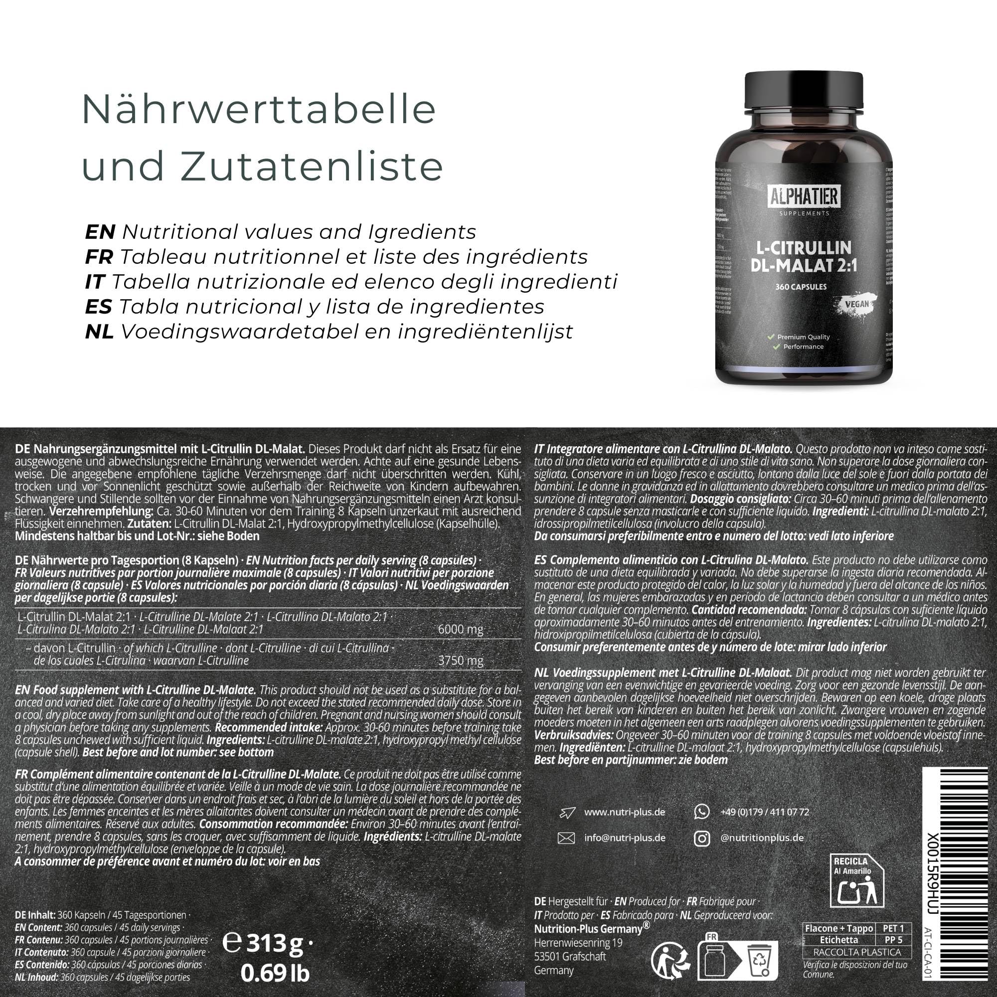 Alphatier L-Citrulline Malate Capsules - 360 Caps hautement dosées + végétalien - Champion L-Citrulline Malate DL 2:1 - Qualité Premium sans Additifs