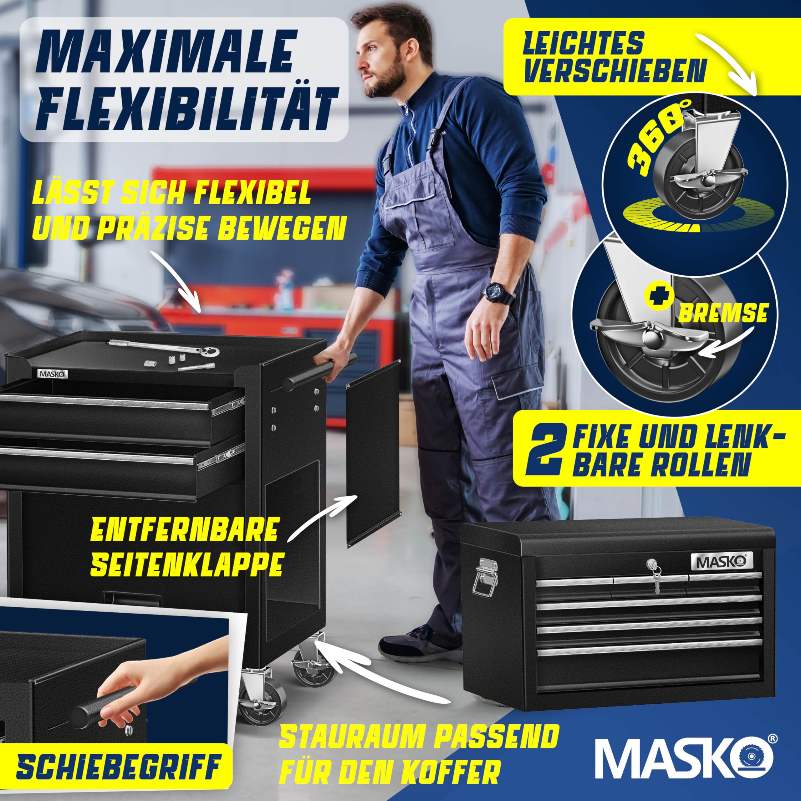 MASKO® Wózek warsztatowy z walizką, 9 przegródek, zamykany, masywny metal, mobilny, profesjonalny z zamkiem, czarny