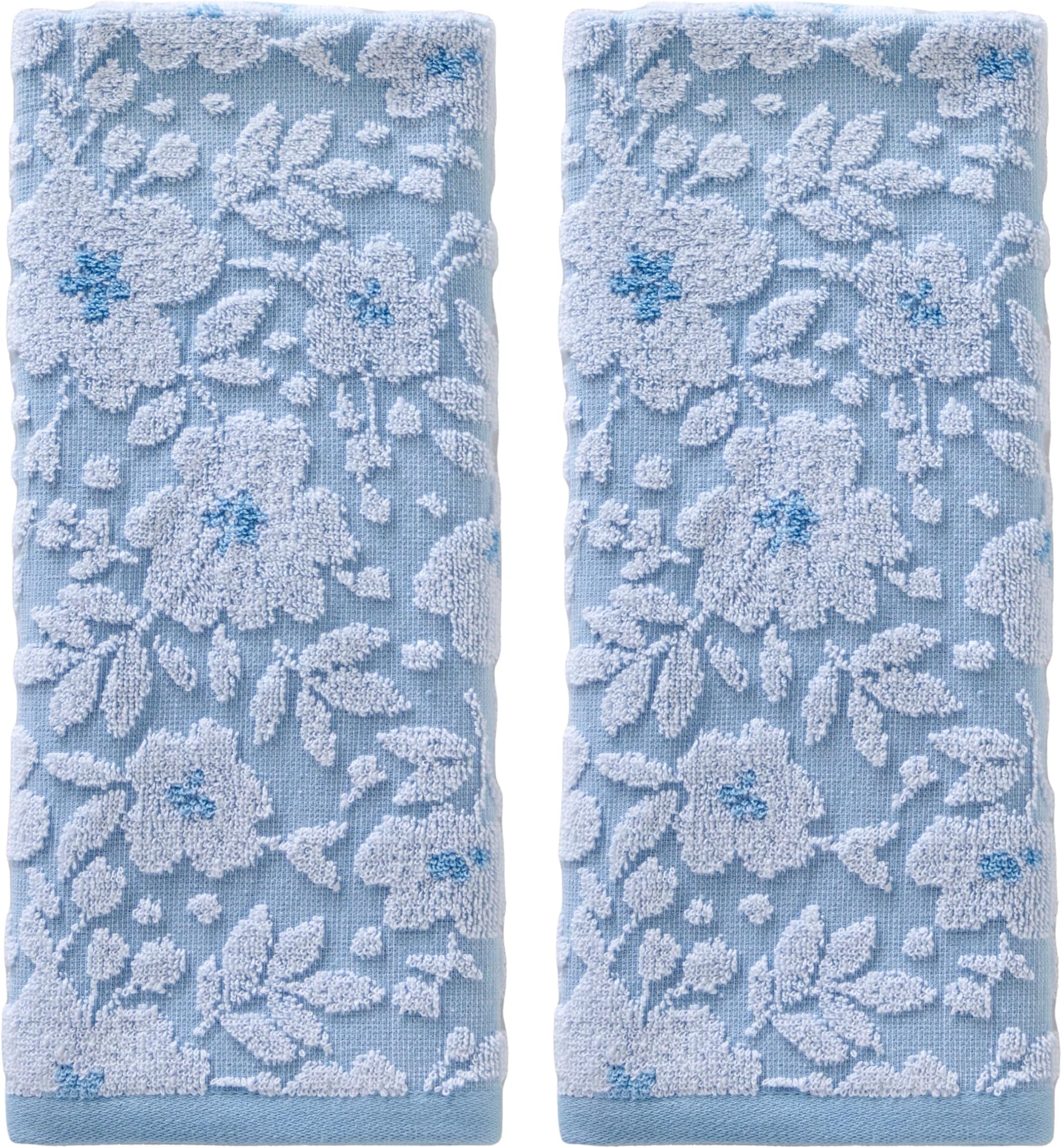 SKL Home Floral Jacquard 100% Cotton 2pc Hand Towel Set, Reversible & Decorative for Bath/Kitchen/Bar & Gift, Sky Blue