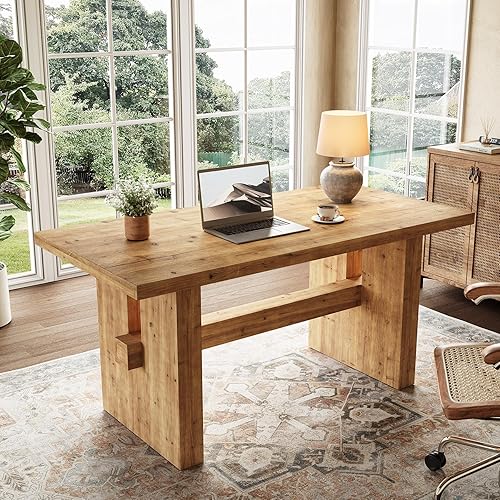 63 Inch Executive Desk, Solid Wood Large Computer Desk Office Desk, Farmhouse Writing Study Table Business Workstation for Home Office, Easy Assembly, Heavy Duty Legs, Light Brown