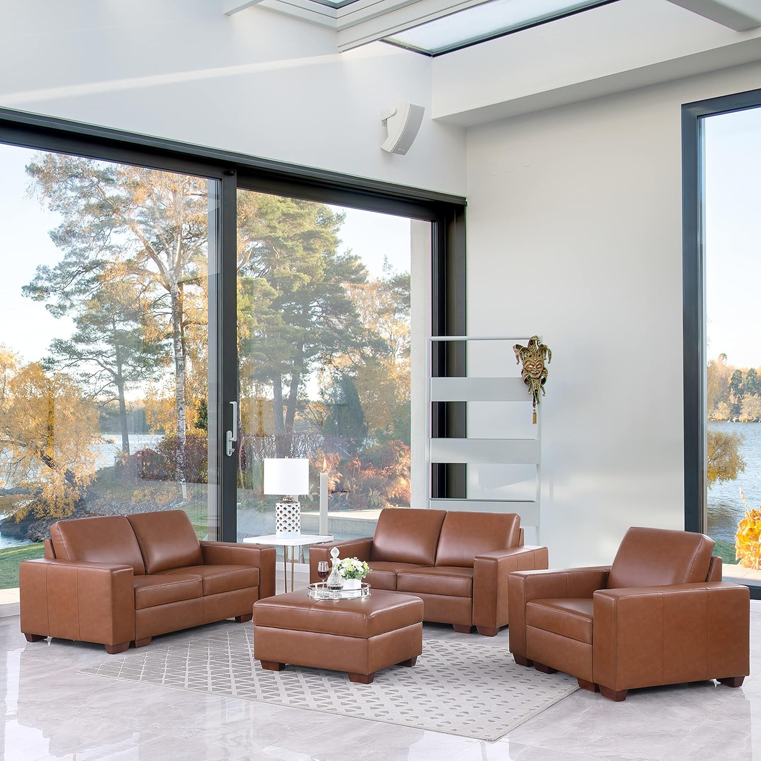 Beverly Fine Furniture Manchester Genuine Leather Living Room Set with Ottoman