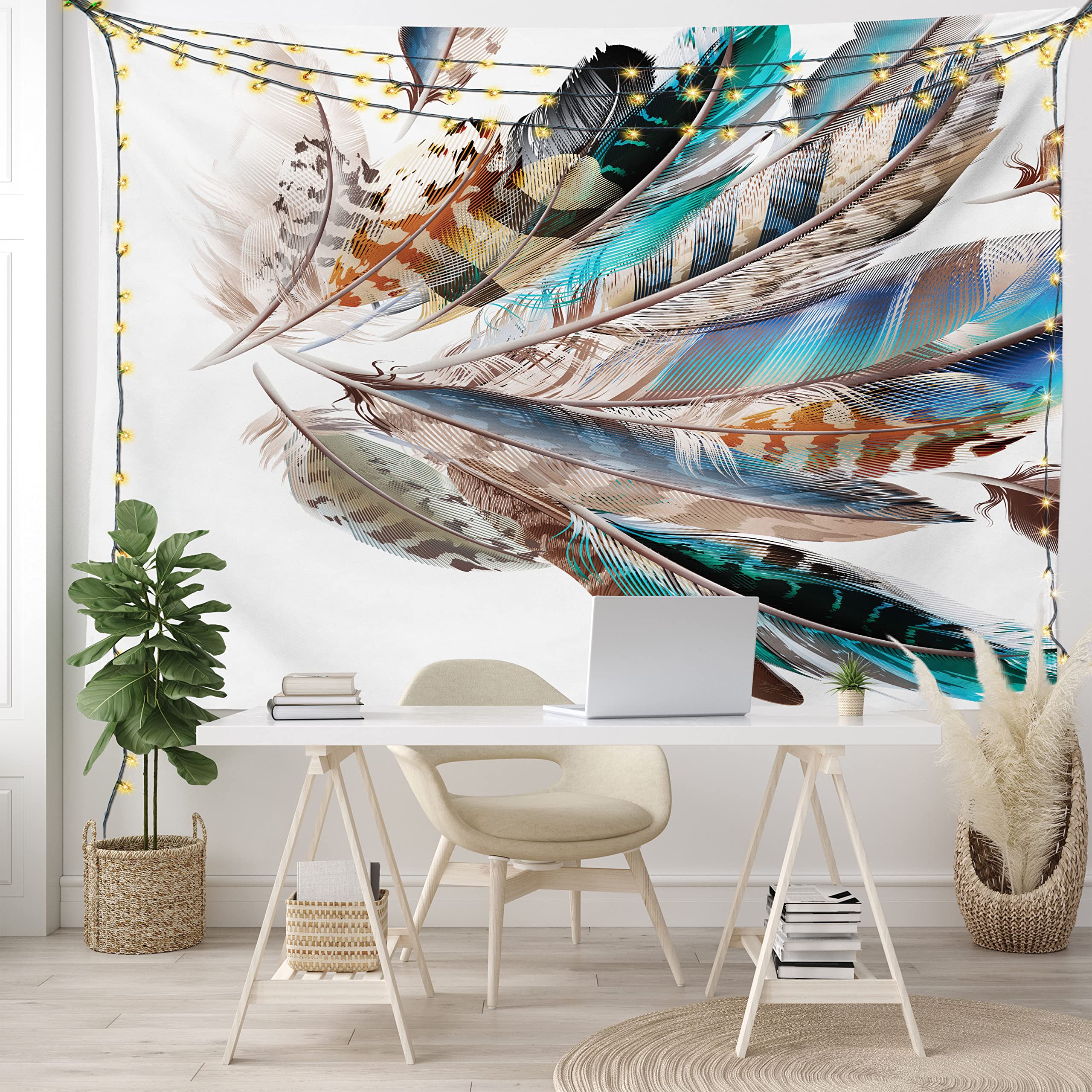 Ambesonne Feathers Tapestry, Vaned Types and Natal Contour Flight Bird Feathers and Animal Skin Element Print, Wide Wall Hanging for Bedroom Living Room Dorm, 60