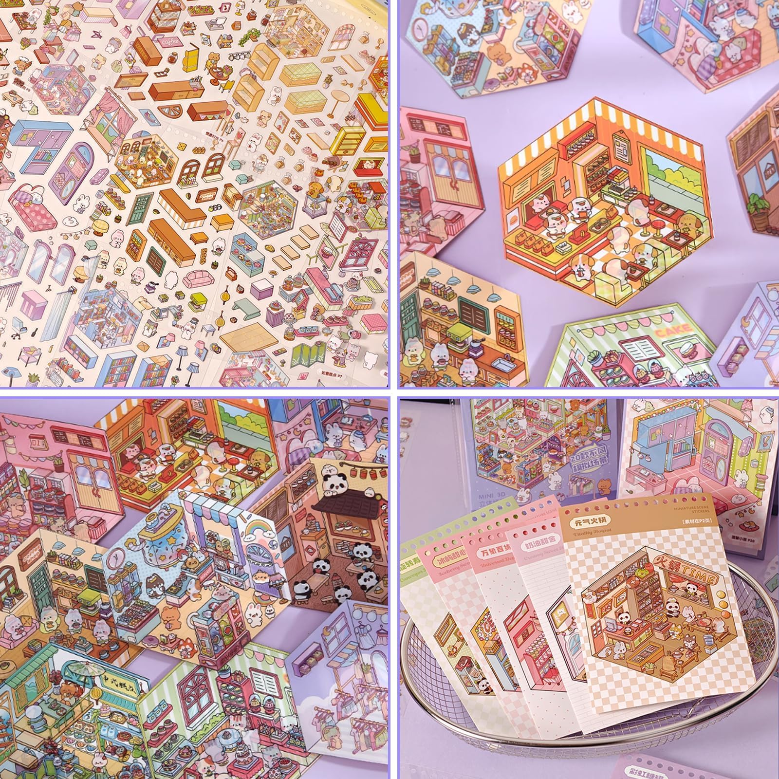 20 Sujets Autocollants de Scène, 3D Stickers Scene Miniature, Autocollants 3D House Stickers pour Soulager le Stress et Passer le Temps, avec 2 Pincette, Cadeau Parfait