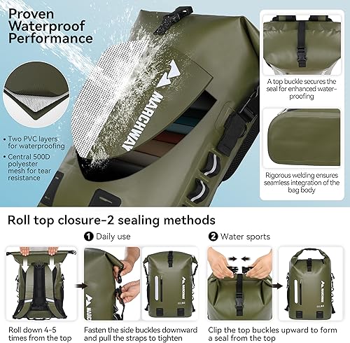 Miniatura 4 de MARCHWAY Mochila impermeable para senderismo, kayak (verde militar, 30L)
