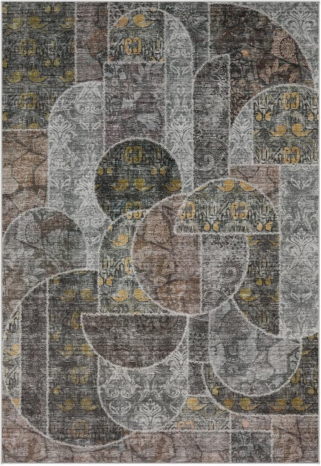 9x12 Area Rugs for Living Room Bedroom, Machine Washable Rug with Low Pile Non-Slip Backing, Soft Large Area Rug Vintage Patchwork Indoor Floor Carpet for Dining Room Nursery Office-Green/Brown
