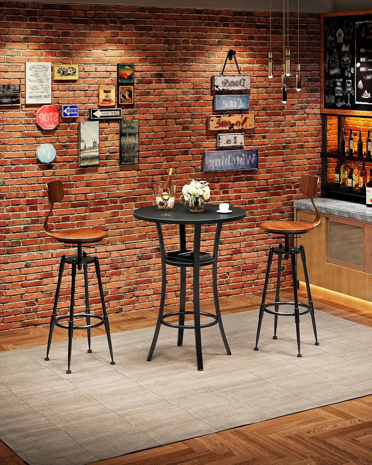 Round Bar Table, Set of 2 Small Kitchen Dining Tables, 2-Tier High Top & Counter Height Dining Table, for Bistro, Pub, Kitchen, Living Room, Black TBT03P2BB