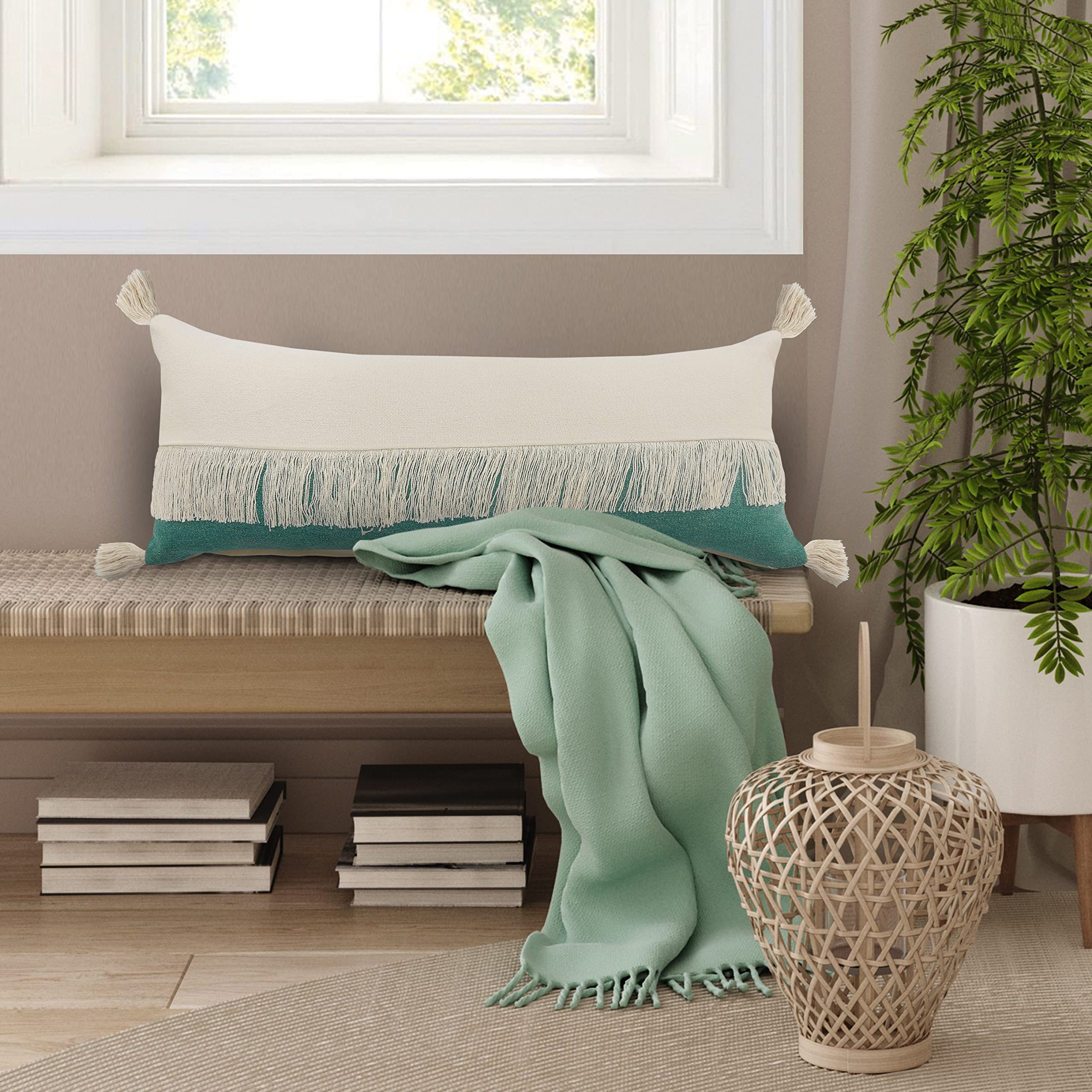 Federa Per Cuscino Lombare In Cotone Biologico Tessuto A Mano - Bianco/Verde 35,6x91,4 Cm