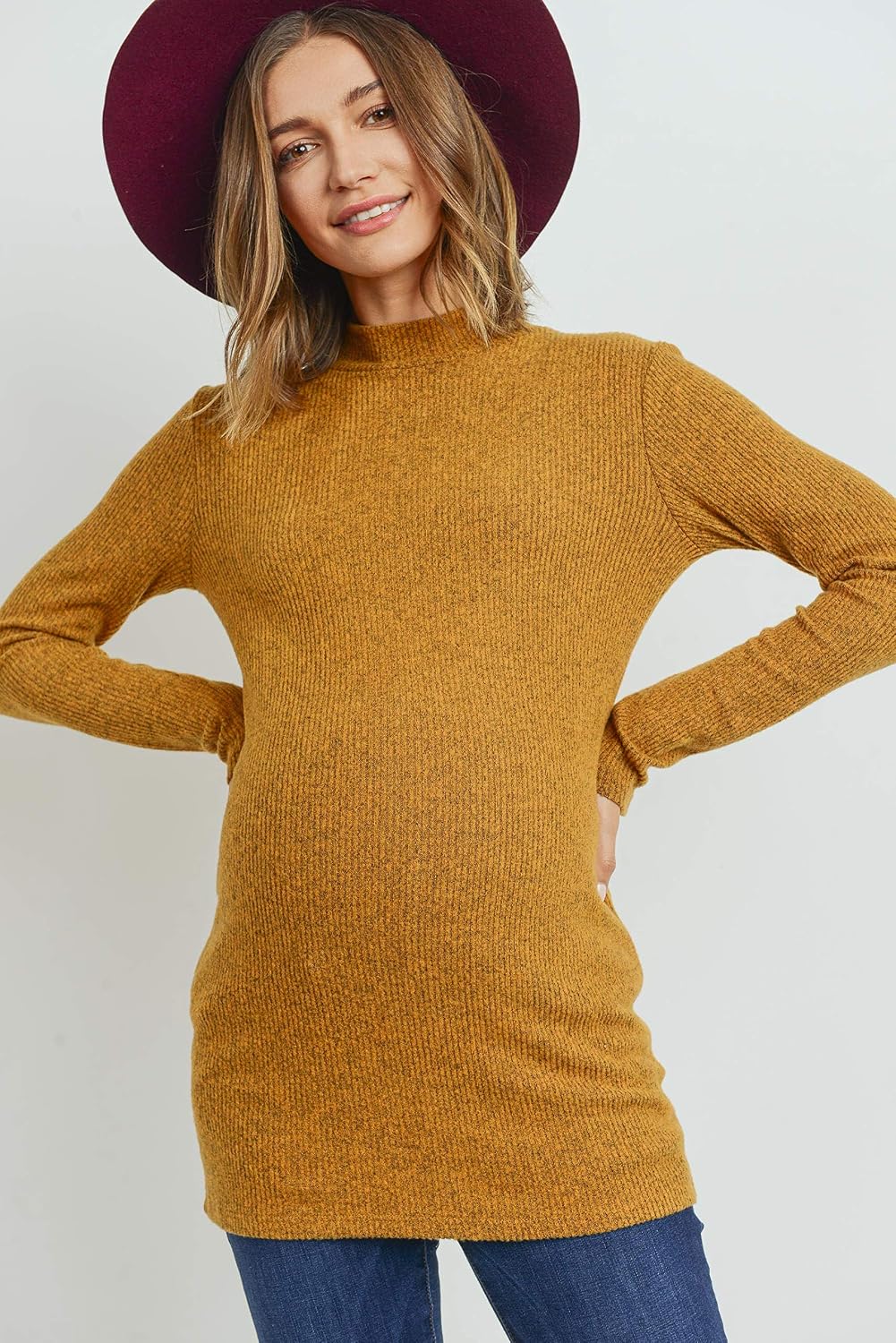 Women's Knit Ribbed Maternity Top with Mock Neck Long Sleeve (Mustard, XL)