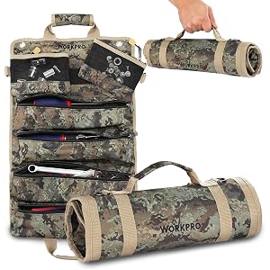 WORKPRO Roll Tool Bag with Detachable Pouches Heavy Duty Organizer - 6 Pockets for Mechanics Electricians Plumbers Carpenters